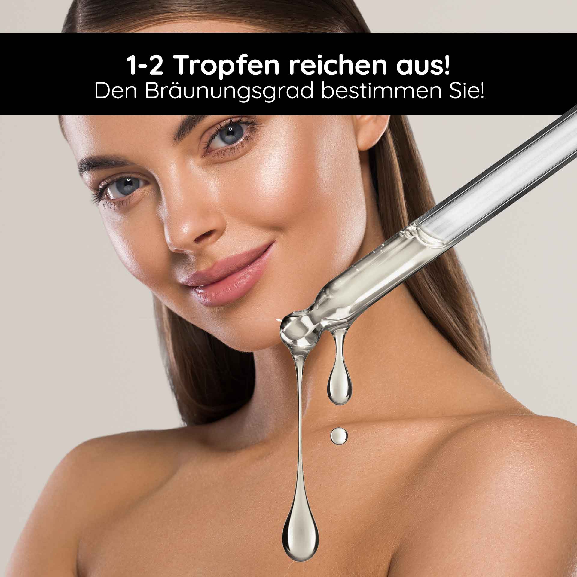 Self Tanner Face Serum 30 ml Natural Self Tanner Natürliche Selbstbräunertropfen auf der Haut einer Frau, die den Bräunungsgrad individuell bestimmen kann, mit einem Pipettenbehälter, der Tropfen abgibt.