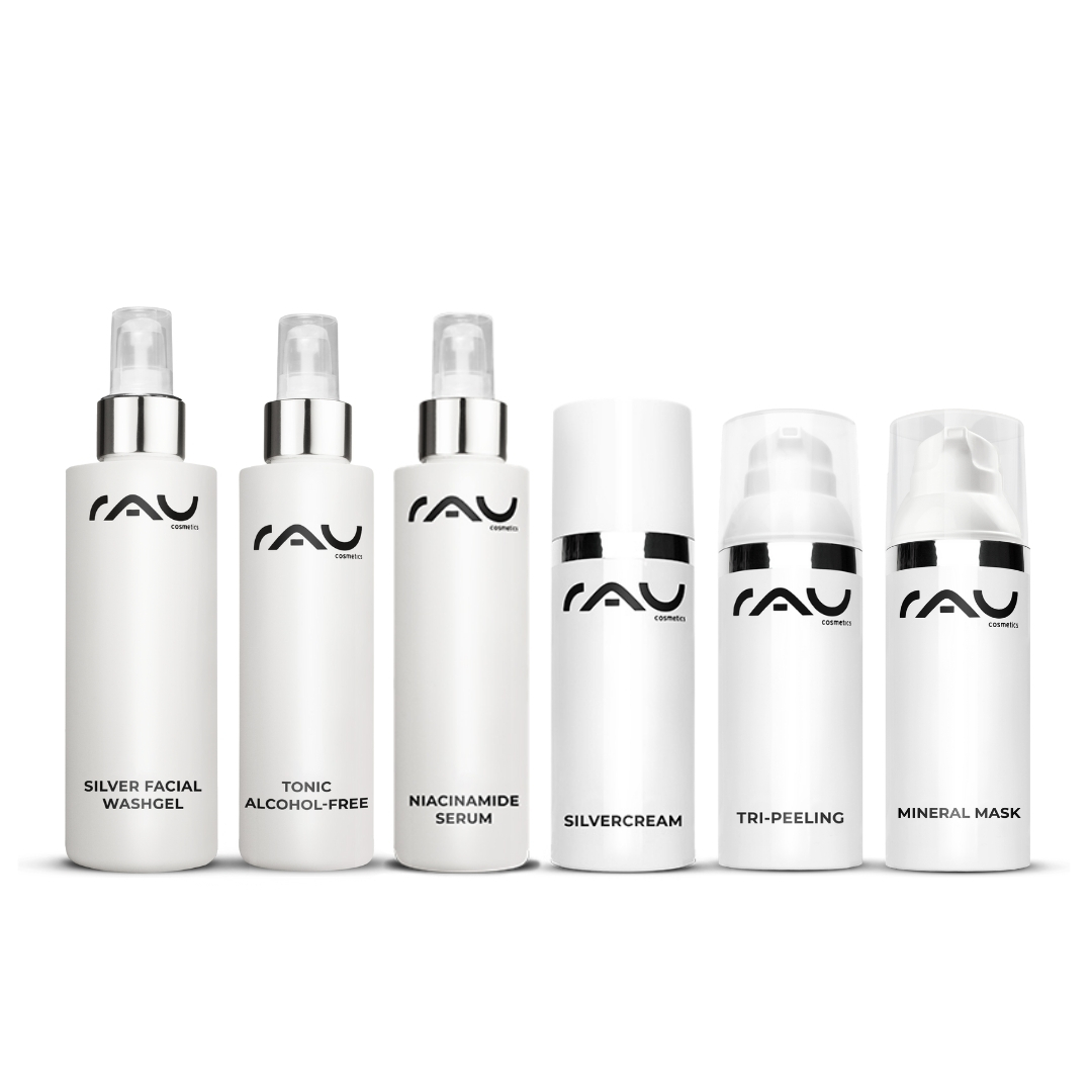 Professional care routine for impure dry skin Profi Pflegeroutine für unreine trockene Haut mit RAU Cosmetics Produkten: Silber Waschgel, alkoholfreies Tonic, Niacinamid Serum, Silbercreme, Tri-Peeling und Mineralmaske.