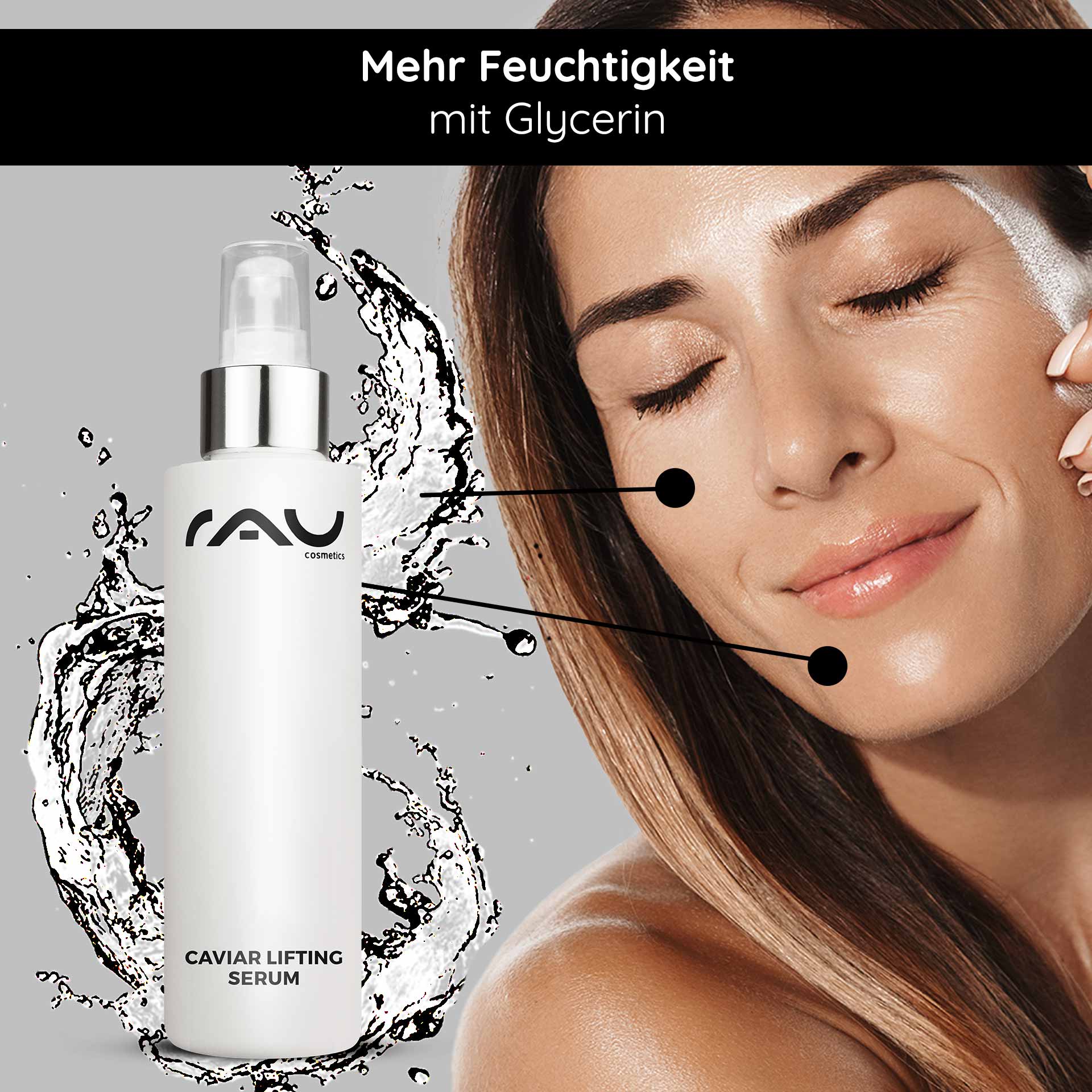 Caviar Lifting Serum 100 ml with Reproage & Caviar Extract Flasche des RAU Cosmetics Caviar Lifting Serum mit Serum zum Auftragen auf das Modell, mit Glycerin für Feuchtigkeitsversorgung und Anti-Aging-Vorteile.