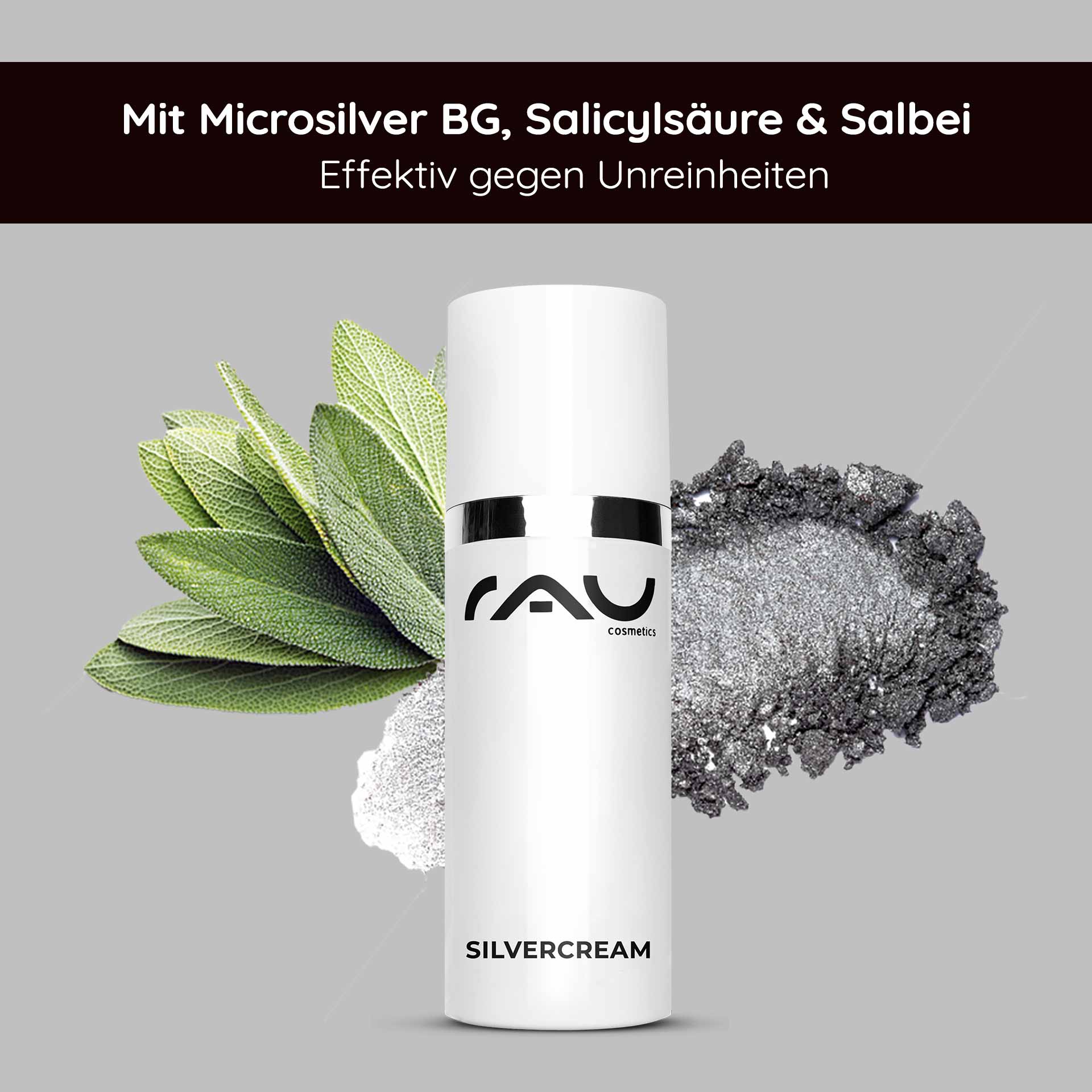 Power set for impure skin, oily skin, inflammation, pimples, itching. Verpackung der RAU Silvercream mit Mikrosilber, Salicylsäure und Salbei zur Behandlung von Hautunreinheiten auf grauem Hintergrund.