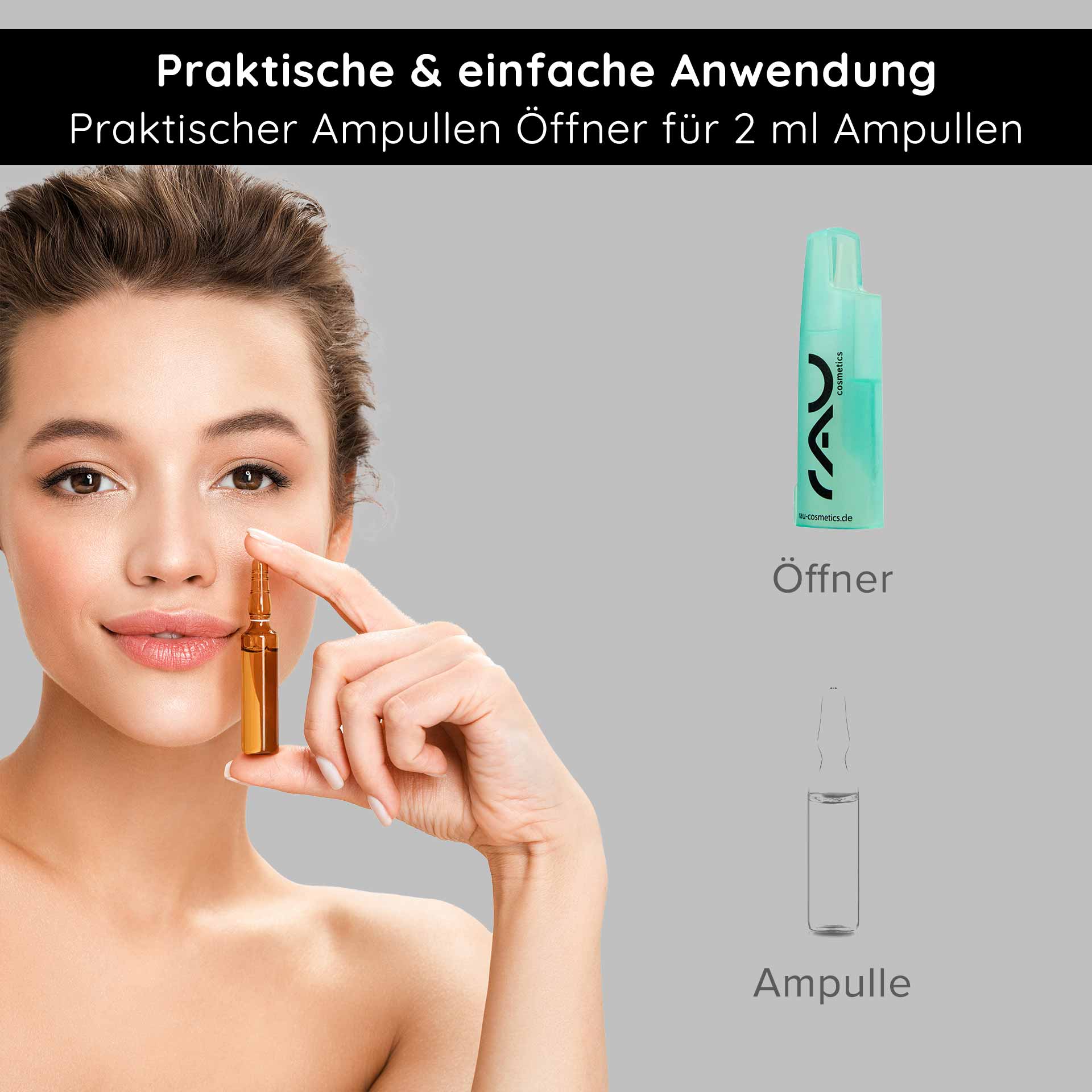 Ampoule opener for 2 ml emetic ampoules Praktischer Ampullenöffner von RAU Cosmetics für 2 ml Ampullen, abgebildet mit einer Person, die eine Ampulle hält, und dem Öffner daneben, mit Fokus auf sichere Anwendung und Benutzerfreundlichkeit.