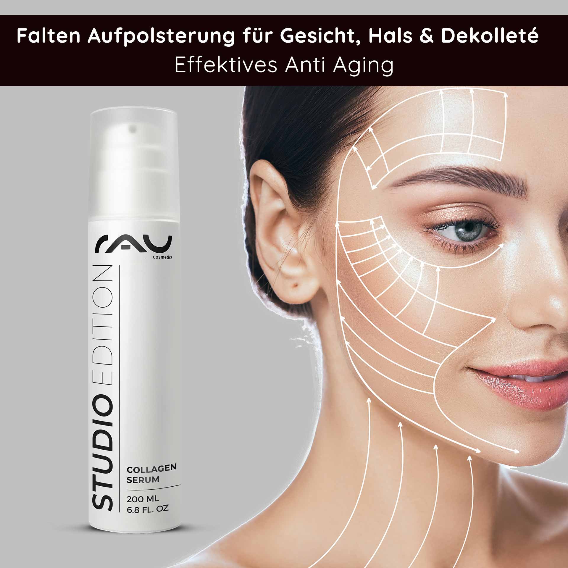 Flasche RAU Collagen Serum mit Anti-Aging-Wirkung, mit dem Gesicht eines Models und Anwendungsanweisungen zur Hautverjüngung und Faltenreduzierung.