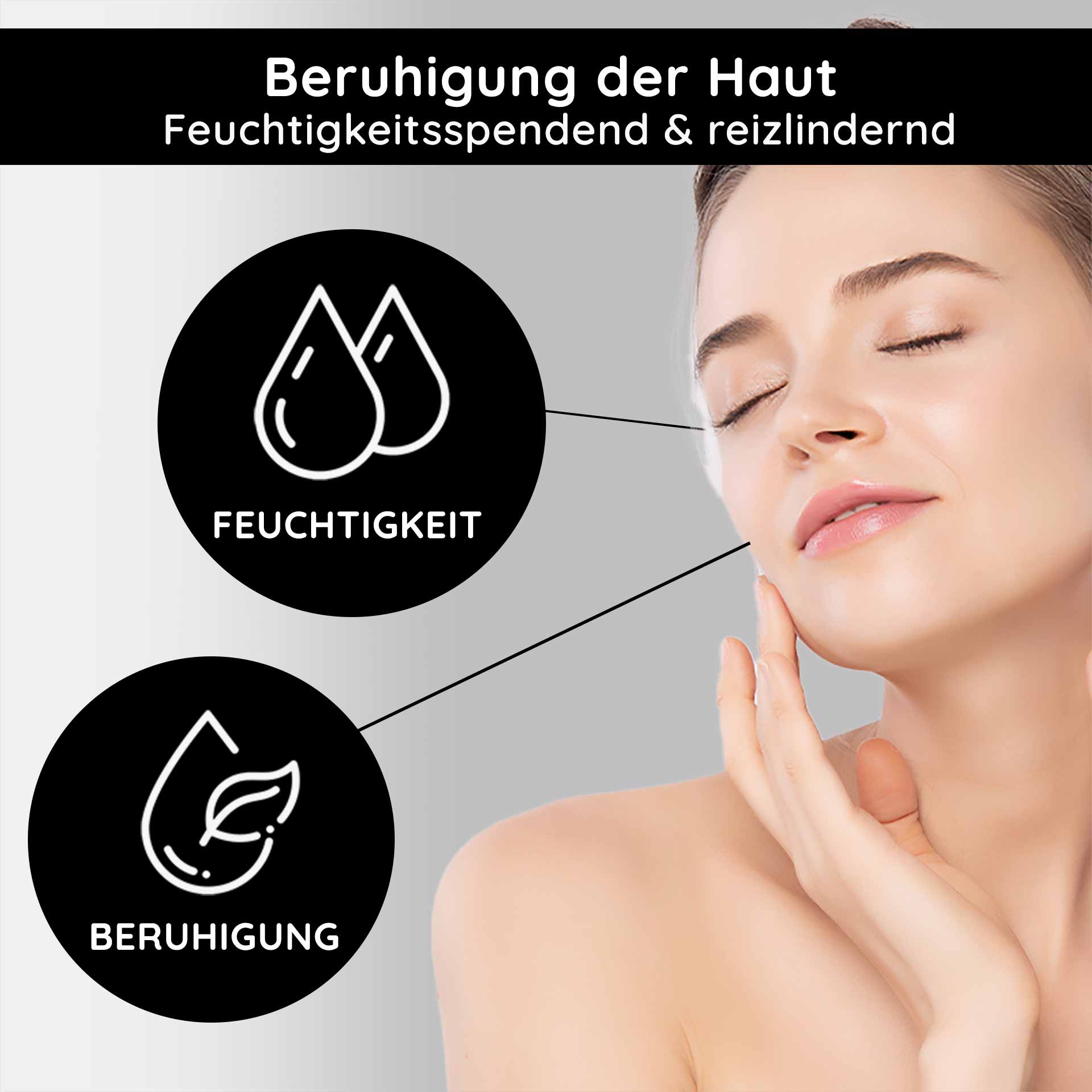 Silver Facial Wash Gel 1000 ml Microsilver Wash Gel Beruhigung der Haut mit feuchtigkeitsspendenden und reizlindernden Eigenschaften, Darstellung einer Frau, die sanft ihr Gesicht berührt, umgeben von Symbolen für Feuchtigkeit und Beruhigung.