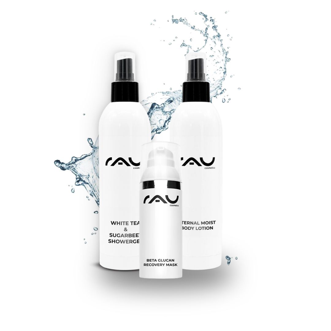 RAU Exclusive Pampering Set RAU Cosmetics VerwΓΆhnset mit White Tea & Sugar Beet Showergel, Eternal Moist Body Lotion und Beta Glucan Recovery Mask mit Wasserspritzern fΓΌr eine sanfte Reinigung und Hautpflege.