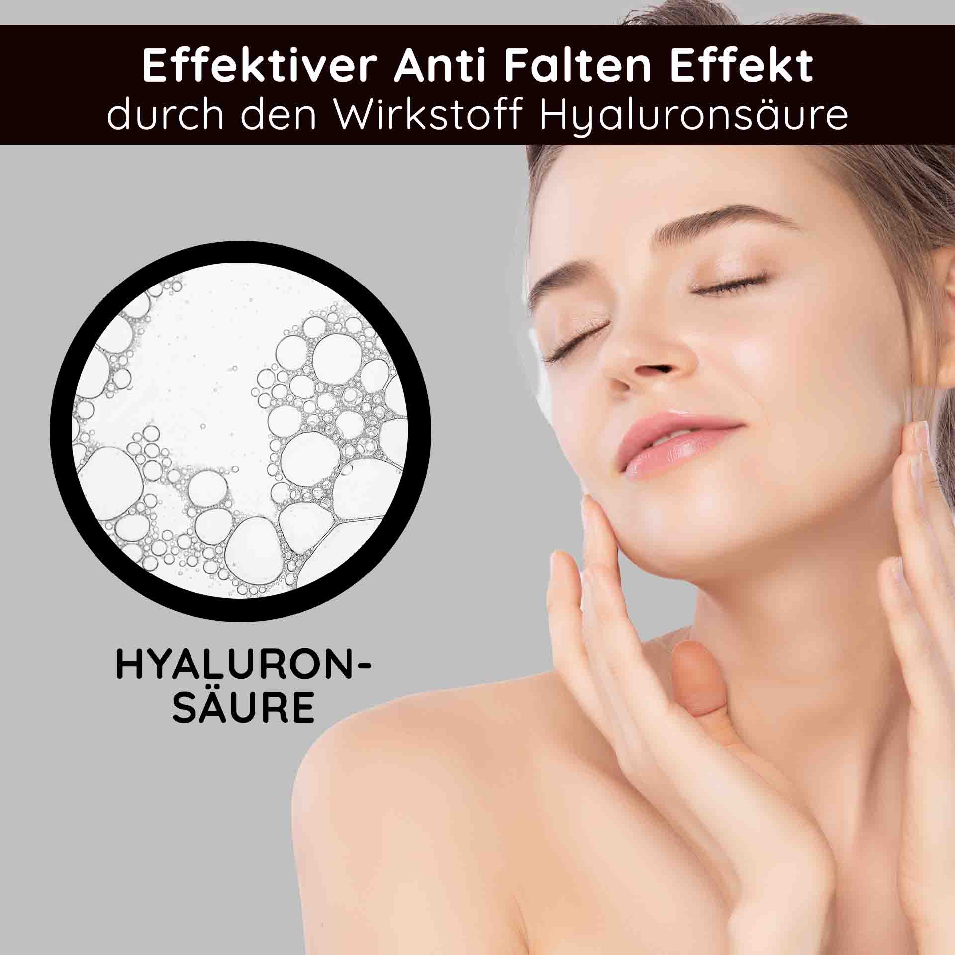 Hyaluron Luxury Cream with 23k Gold 50 ml Anti Age Cream Effektiver Anti-Falten-Effekt durch Hyaluronsäure, Frau mit sanfter Hautpflege-Routine, Hautpflege und Anti-Aging, RAU Cosmetics.