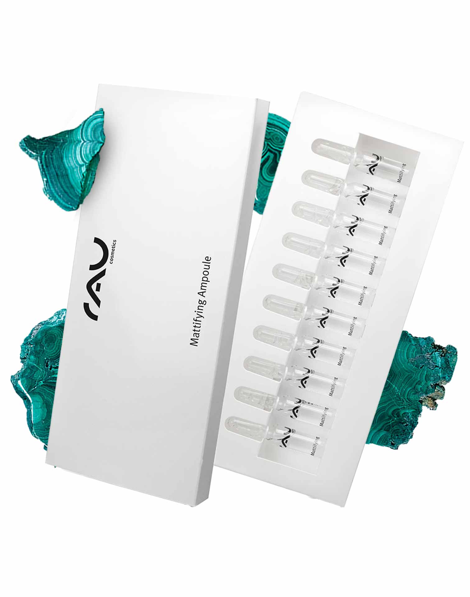 Mattifying Ampoules 10x2 ml Mattifying with Wild Pistachio Mattierende Ampullen von RAU Cosmetics in einer eleganten weiΓen Verpackung mit durchsichtigen GlasflΓ€schchen, die hochwertige HautpflegelΓΆsungen hervorheben.