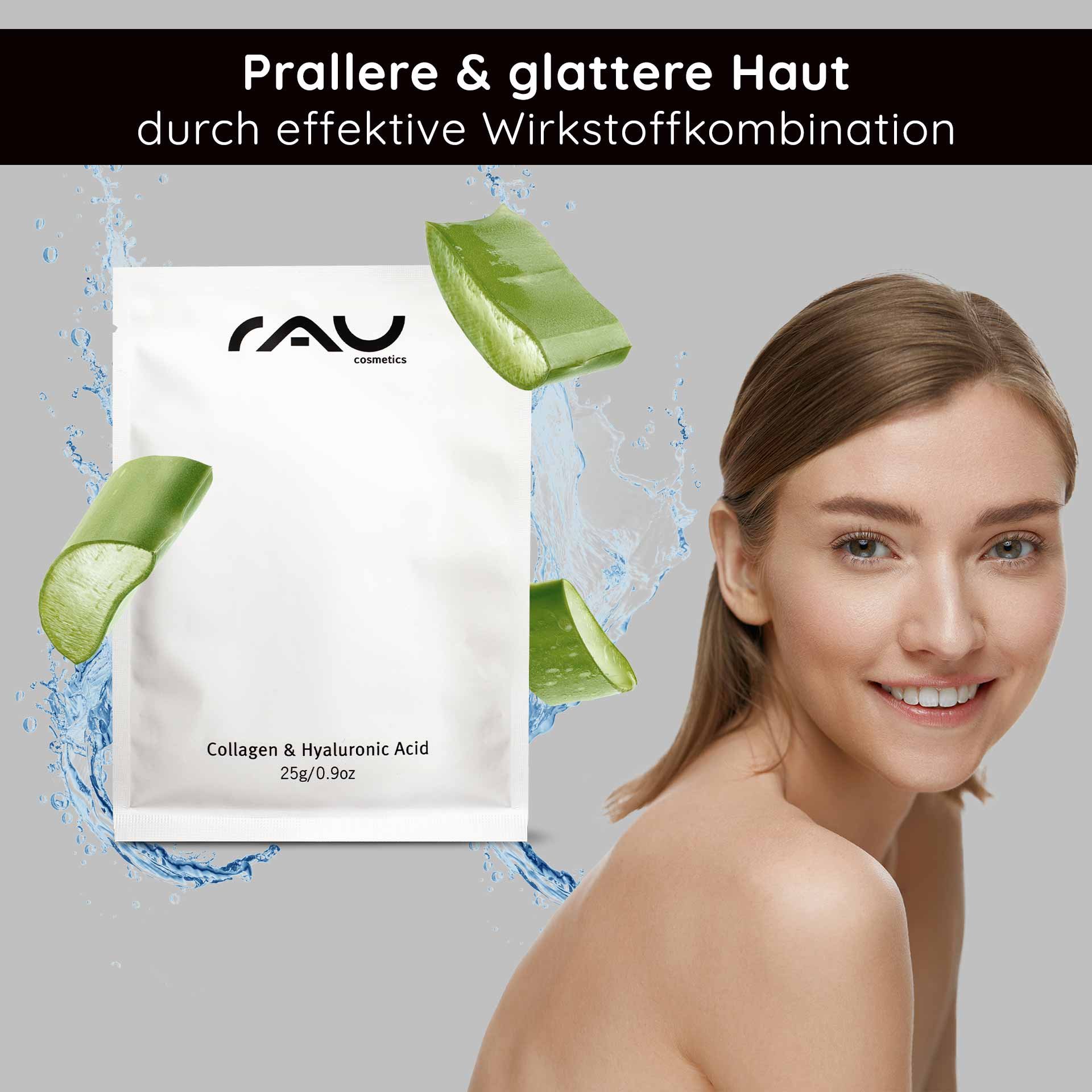 Verpackung der Collagen- und Hyaluronsäure-Maske mit Aloe-Vera-Elementen und einer lächelnden Frau, die gesunde Haut präsentiert und die Anti-Aging- und Feuchtigkeitsvorteile betont.