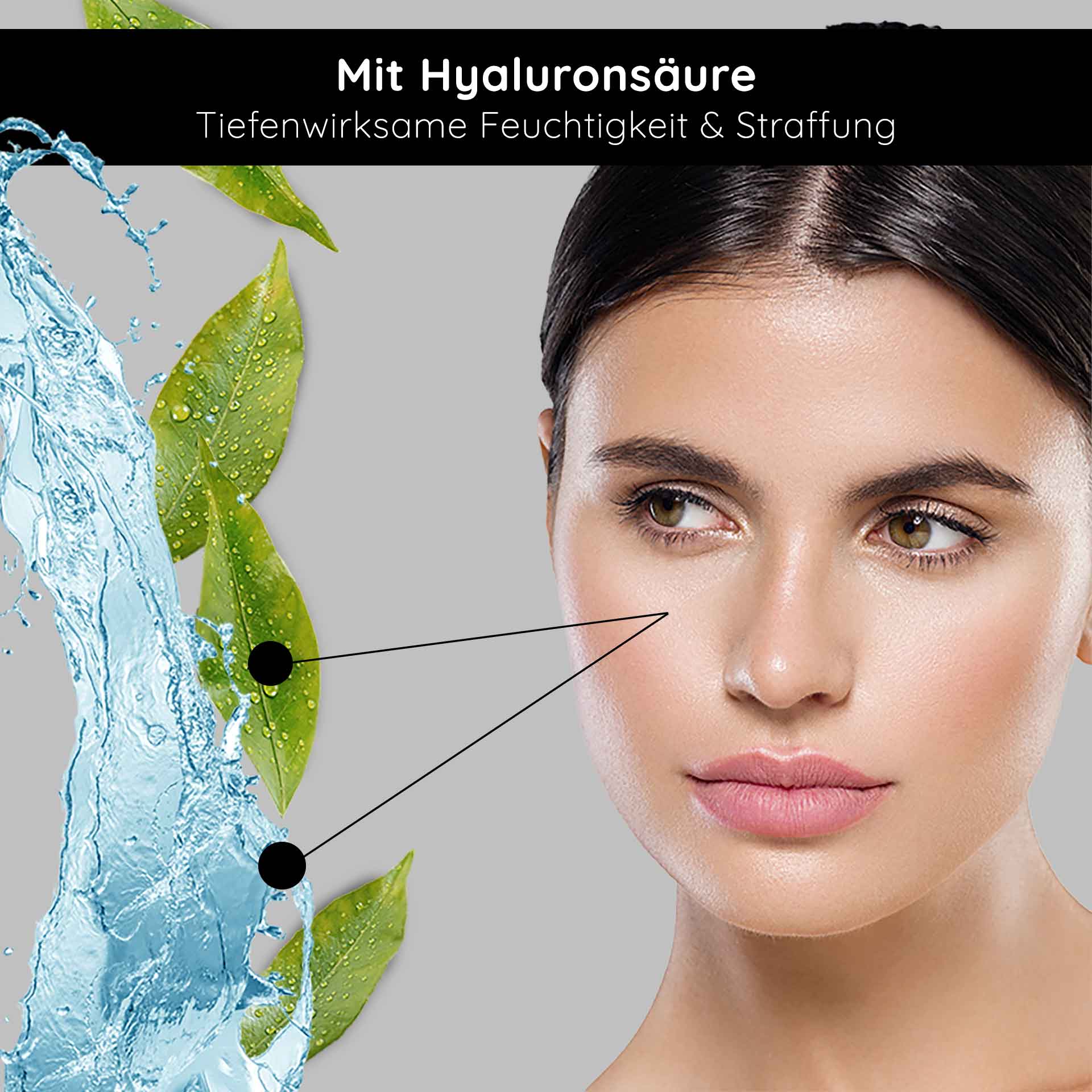 Retinol Serum 100 ml - Vitamin A serum for dry and mature skin Frau mit strahlender Haut, betont durch Hyaluronsäure, Wasser und grüne Blätter, symbolisiert intensive Feuchtigkeit und Hautstraffung, passend zur RAU Cosmetics Retinol Serum Produktbeschreibung.