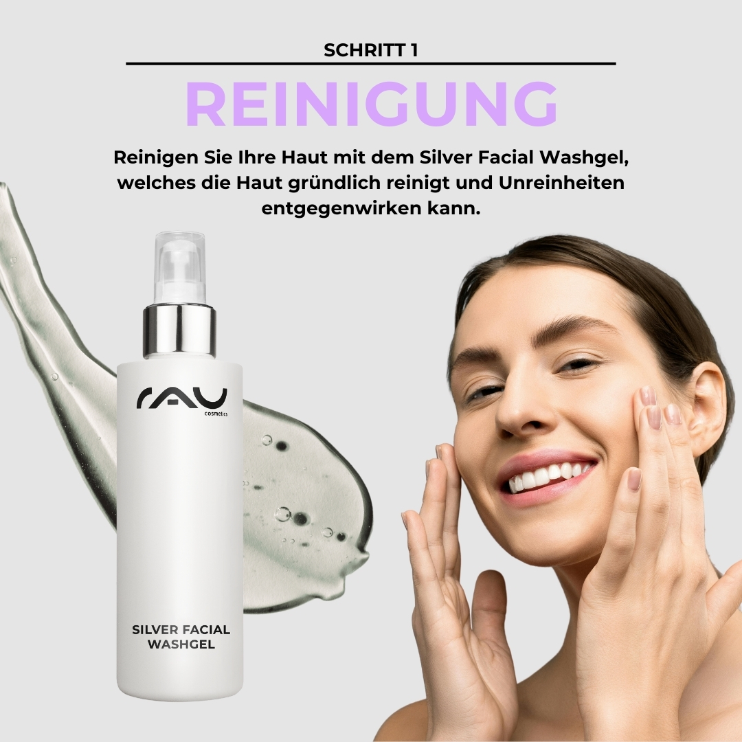 Advanced care routine for impure dry skin Frau mit fröhlichem Ausdruck, die das Silver Facial Washgel von RAU Cosmetics auf ihr Gesicht aufträgt, um unreine und trockene Haut zu reinigen, mit einem Hintergrund aus flüssigem Gel.