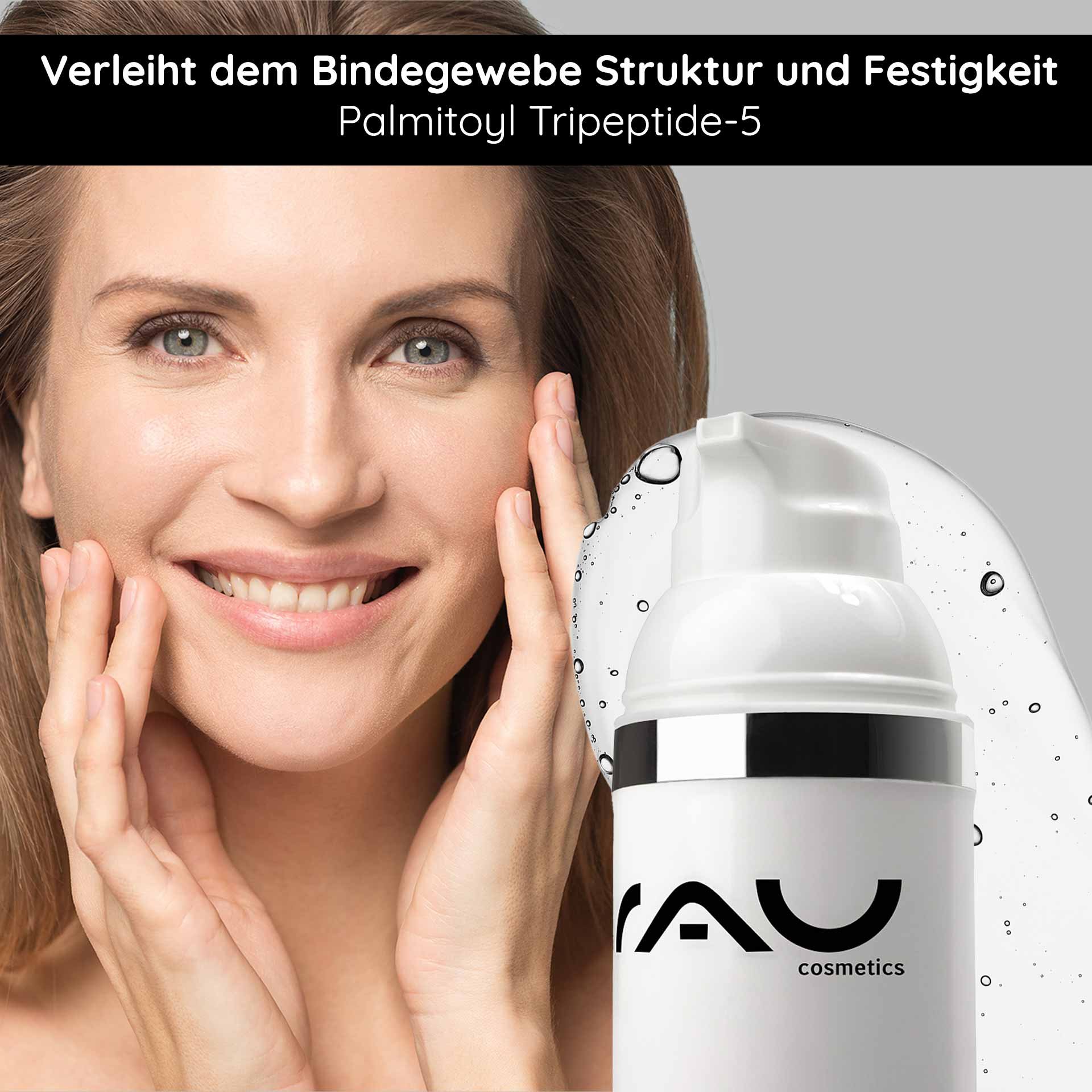 Woman with smooth skin applying RAU Cosmetics Caviar Rich Cream, emphasizing the anti-aging properties and moisturizing effect of the cream.