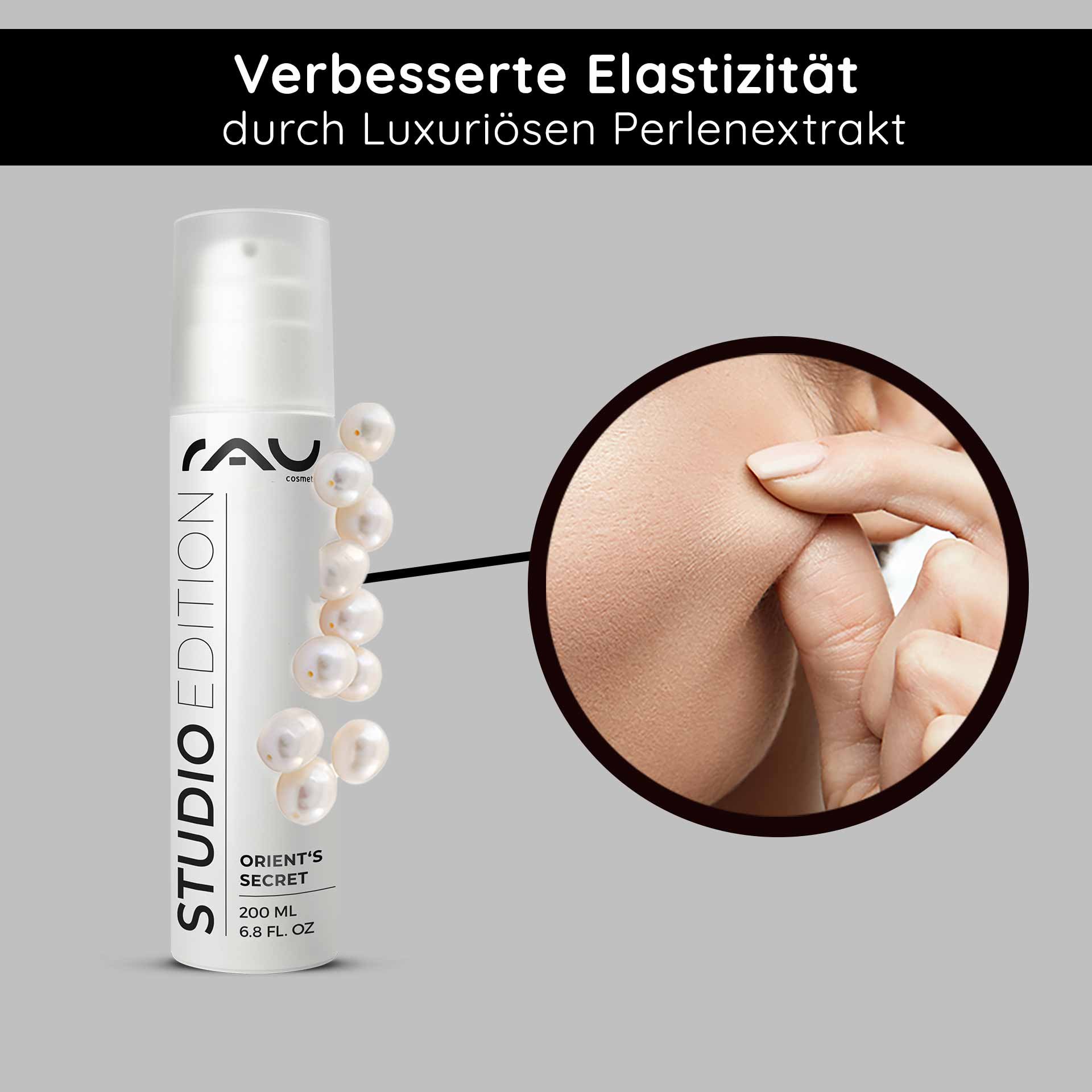 A bottle of Orient's Secret face cream by RAU Cosmetics with luxurious pearl extract, highlighting improved skin elasticity, and a close-up of a hand gently pinching the smooth skin.