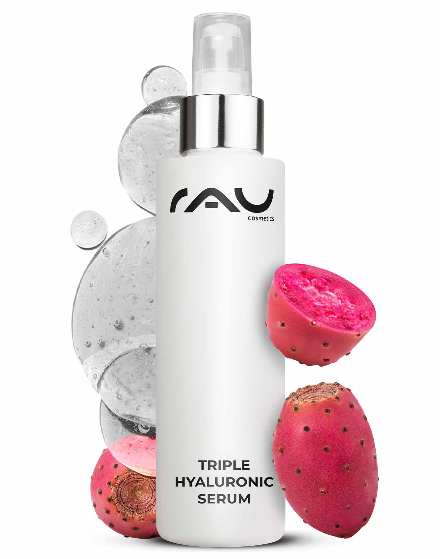 Triple Hyaluronic Serum 100 ml with Panthenol & Hyaluron Flasche des Triple Hyaluronic Serum von RAU Cosmetics mit rosa Feigenkaktusfrüchten und Wassertropfen, die die Feuchtigkeitsversorgung und Anti-Aging-Vorteile für die Hautpflege fördern.