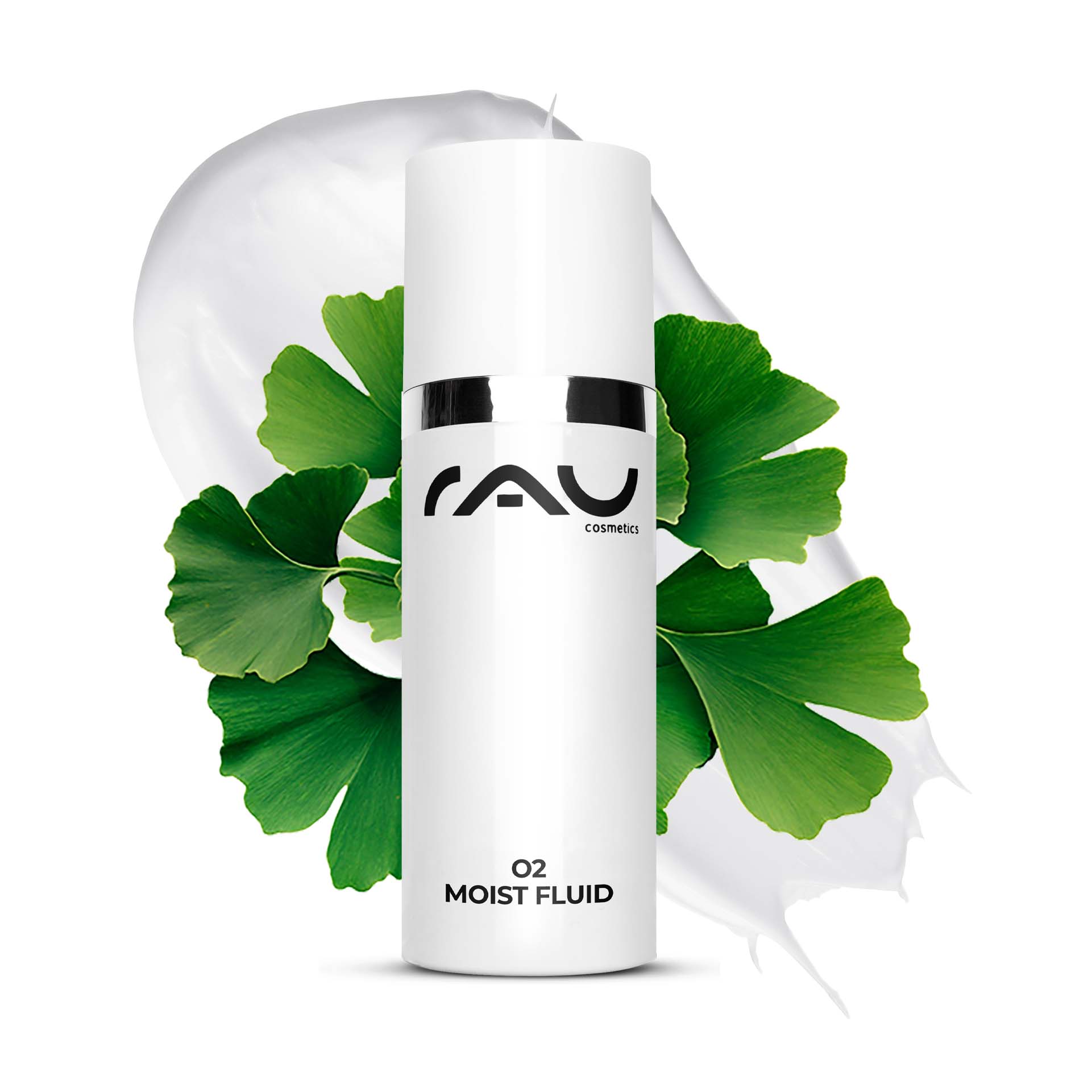 O2 Moist Fluid 50 ml day cream for a dull complexion Flasche RAU O2 Moist Fluid mit Ginkgoblättern und cremefarbenem Hintergrund, die die Vorteile der Feuchtigkeitsversorgung und Hautverjüngung für trockene und reife Haut hervorhebt.