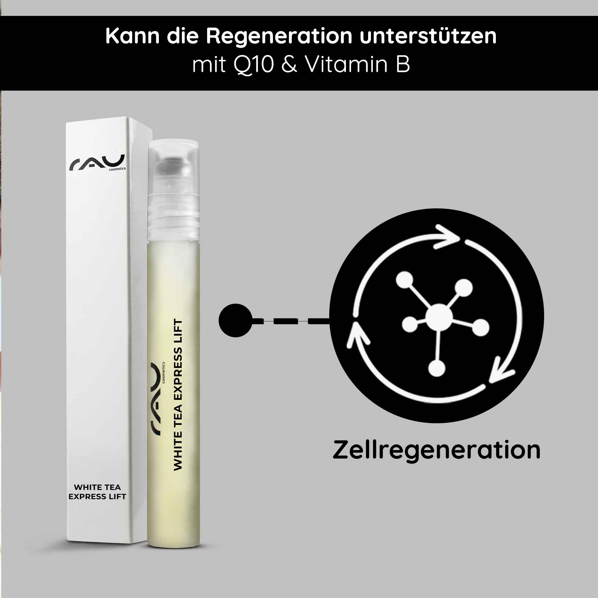 White Tea Express Lift Roll On Anti-Aging Serum in Roll-On RAU Cosmetics White Tea Express Lift Roll-On Serum mit Q10 und Vitamin B, fördert die Hautregeneration und bietet Anti-Aging-Vorteile.