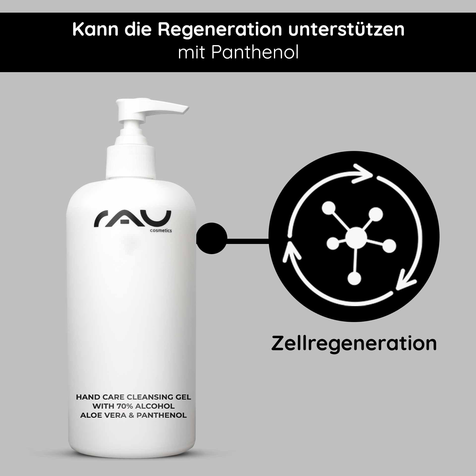 Pump bottle of RAU Cosmetics Hand Care Cleansing Gel with 70% alcohol, aloe vera, and panthenol, emphasizing skin regeneration benefits.