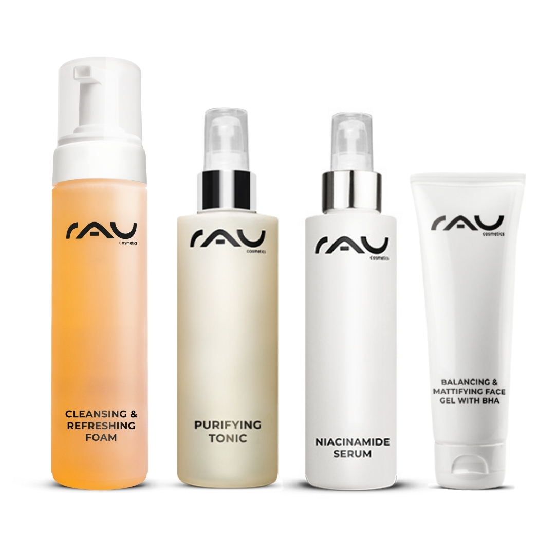 Advanced care routine for oily skin Reinigungsschaum, Purifying Tonic, Niacinamid-Serum und Balancing Gel von RAU Cosmetics für die Pflege fettiger Haut.