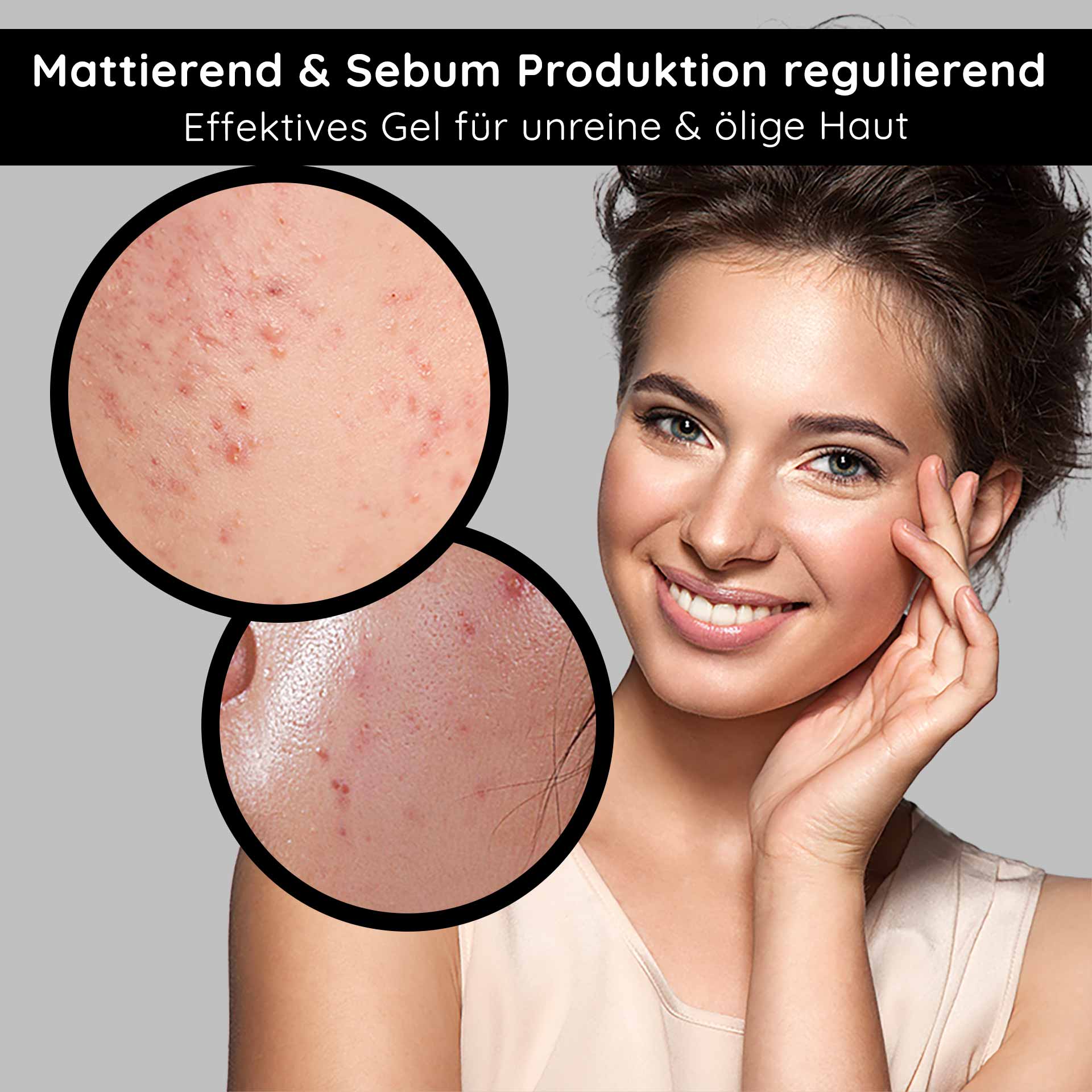 Balancing & Mattifying Gel with BHA 75 ml - facial care for impure and oily skin with salicylic acid for the night Mattierendes Gel für unreine und ölige Haut, Hautporen mit Unreinheiten, lächelnde Frau mit gesunder Haut, Fokus auf Hautpflege und Sebumregulation.