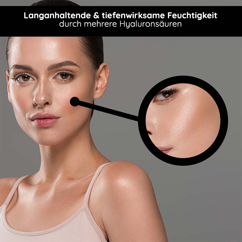 Hyaluron 24h Cream 200 ml with shea butter & avocado oil Frau mit strahlender Haut, die die langanhaltende Feuchtigkeit und Wirkung von Hyaluronsäuren zeigt, hervorgehoben durch einen Detailausschnitt.