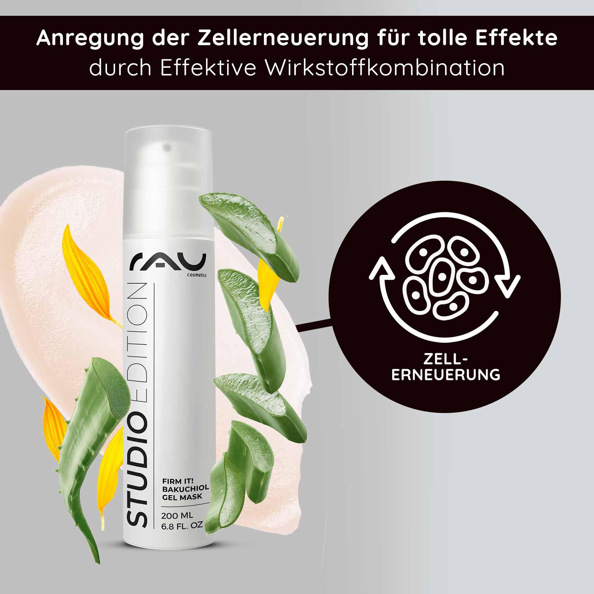 Firm it! Bakuchiol Gel Mask 200 ml Anti Aging & Moisture RAU Cosmetics Firm it! Bakuchiol Gel Mask 200 ml Verpackung mit Aloe Vera, gelben Blüten und grünen Blättern, die die Vorteile der Zellerneuerung in einem modernen Design hervorhebt.