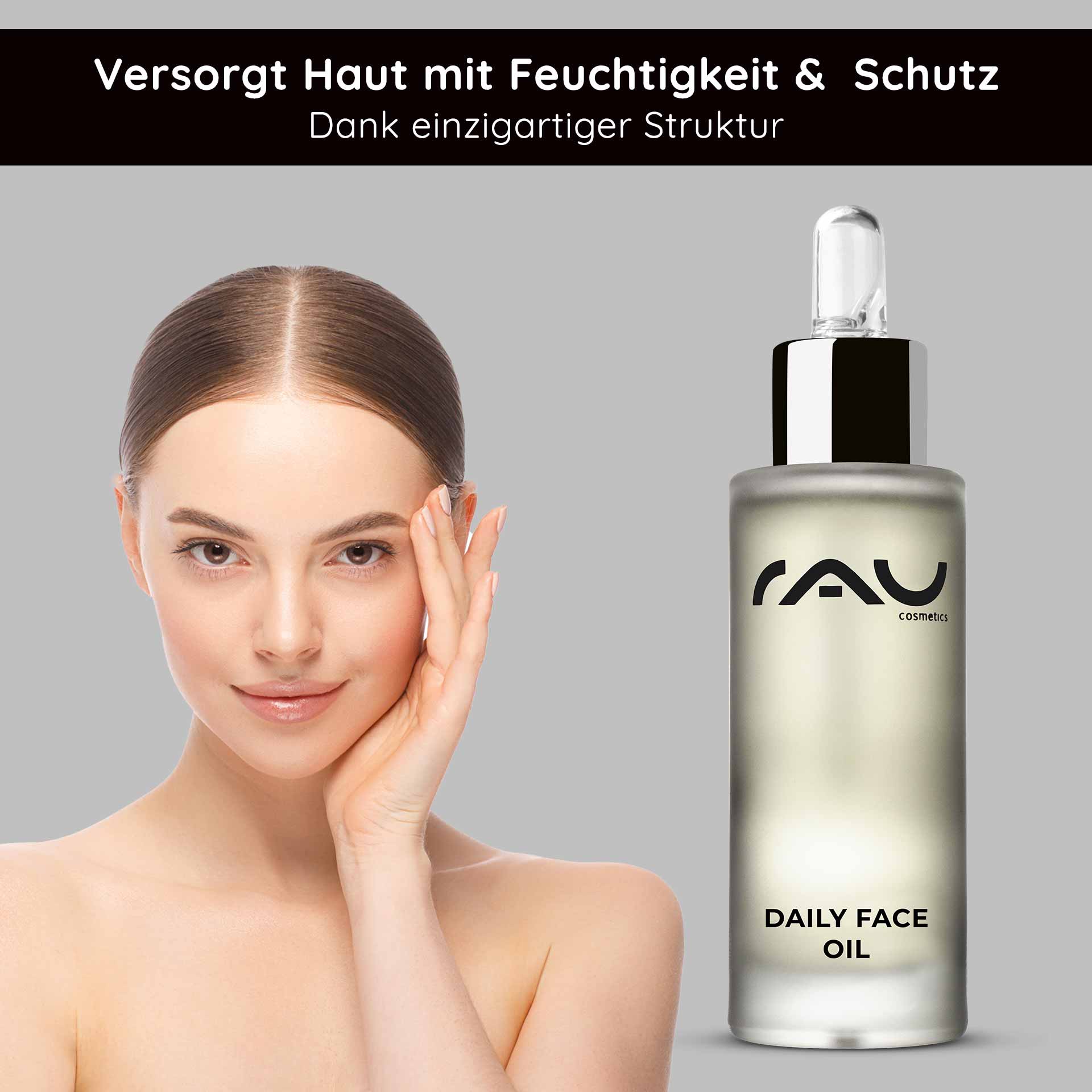 Daily Face Oil 30 ml Nourishing face oil for the night with lavender Frau mit gepflegtem Gesicht und Daily Face Oil von RAU Cosmetics, das Feuchtigkeit und Schutz bietet, ideal für die Hautpflege.