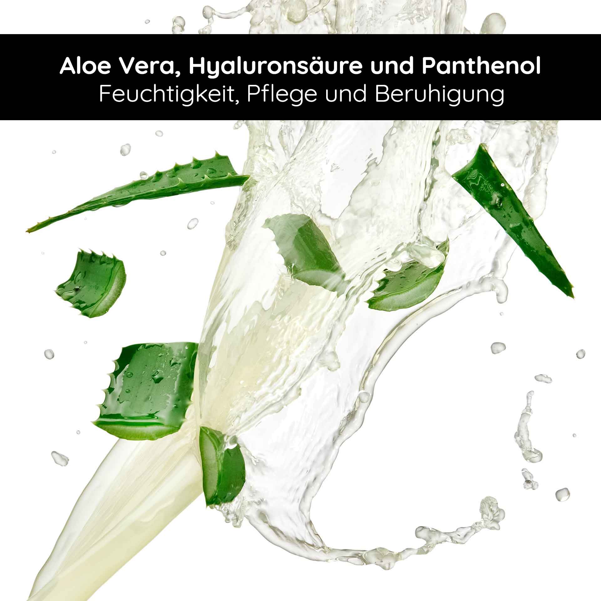 Self Tanner Face Serum 30 ml Natural Self Tanner Aloe Vera, Hyaluronsäure und Panthenol in Wasser sprudelnd, symbolisiert Feuchtigkeit und Pflege für die Haut, passend zum RAU Cosmetics Selbstbräuner für ein natürliches Hautgefühl.