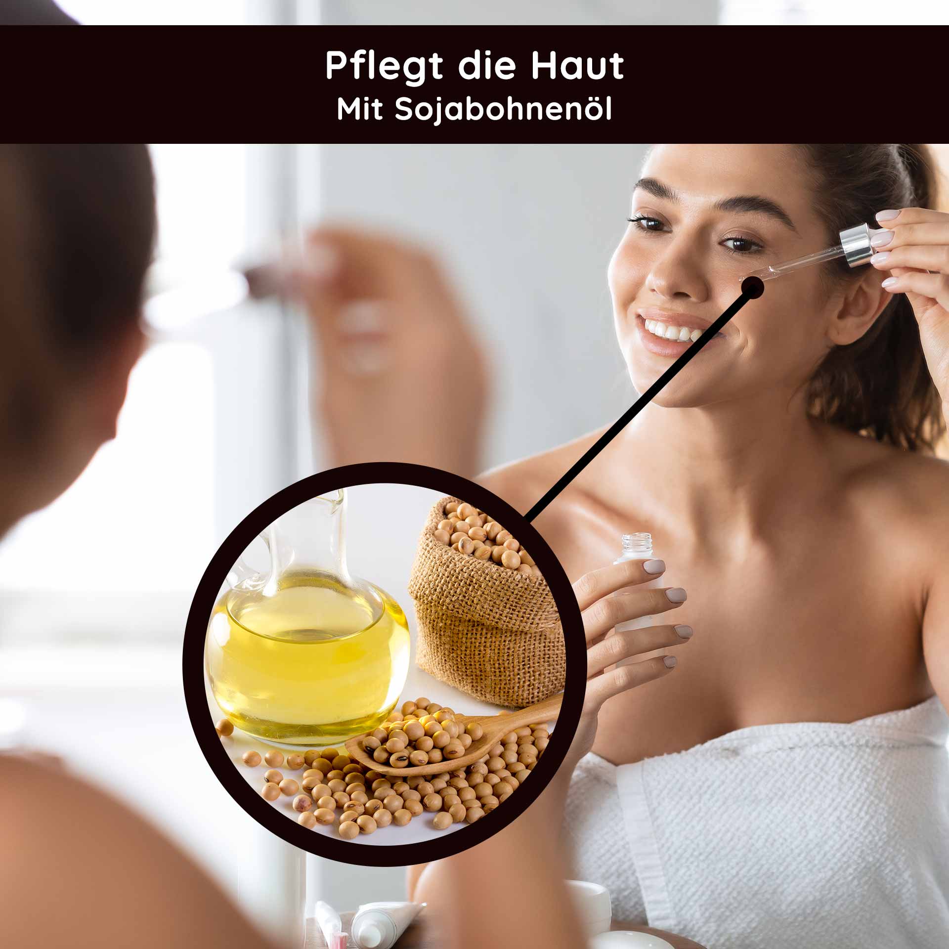 Daily Face Oil 30 ml Nourishing face oil for the night with lavender Frau mit Gesichtsöl, das Sojabohnenöl enthält, in einem Pflegeritual, lächelnd und im Fokus, während sie das Produkt aufträgt.