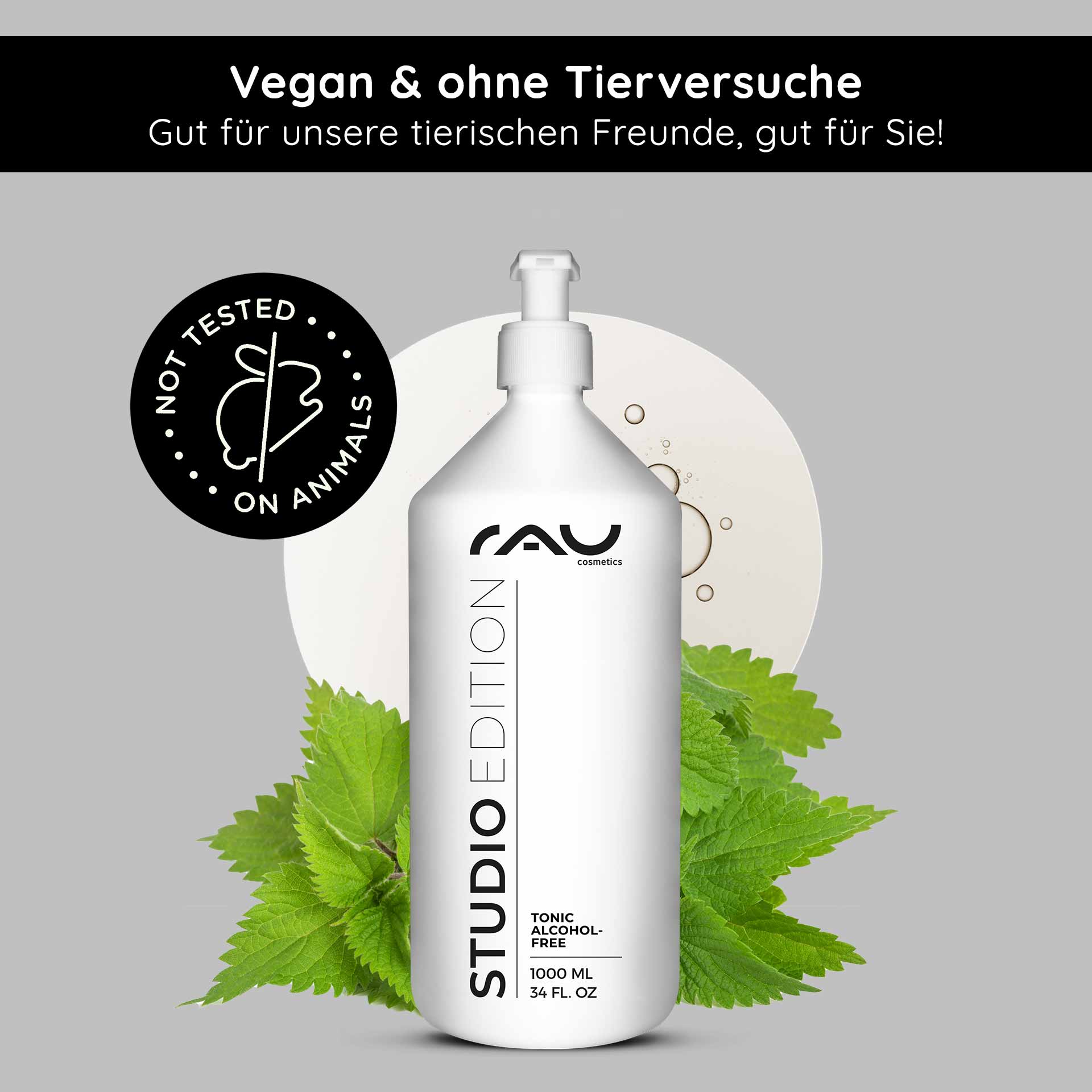 Tonic alcohol-free 1000 ml with nettle extract RAU Cosmetics Alkoholfreies Tonic Flasche mit Brennnesselblättern, mit Aufschrift „Vegan & ohne Tierversuche“, 1000 ml, für empfindliche Haut geeignet.