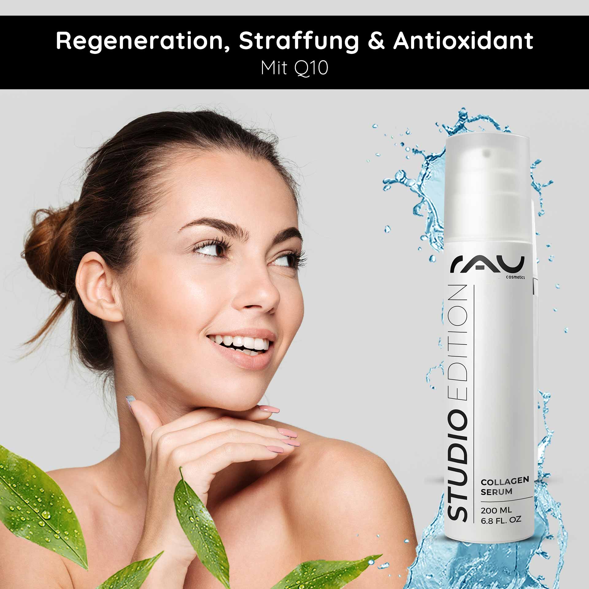 Caviar 24h Cream 200 ml Skin Care with Caviar Extract Frau mit strahlendem Gesicht und Collagen-Serum von RAU Cosmetics, umgeben von grünen Blättern und Wassertröpfchen, betont Regeneration, Straffung und antioxidative Eigenschaften mit Q10.