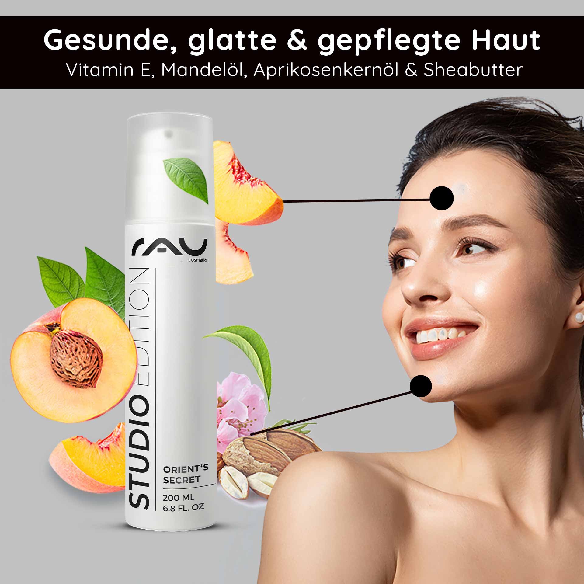 Bottle of Orient's Secret face cream by RAU Cosmetics with peach and almond illustrations, highlighting the benefits for healthy, smooth skin with Vitamin E, almond oil, apricot kernel oil, and shea butter.