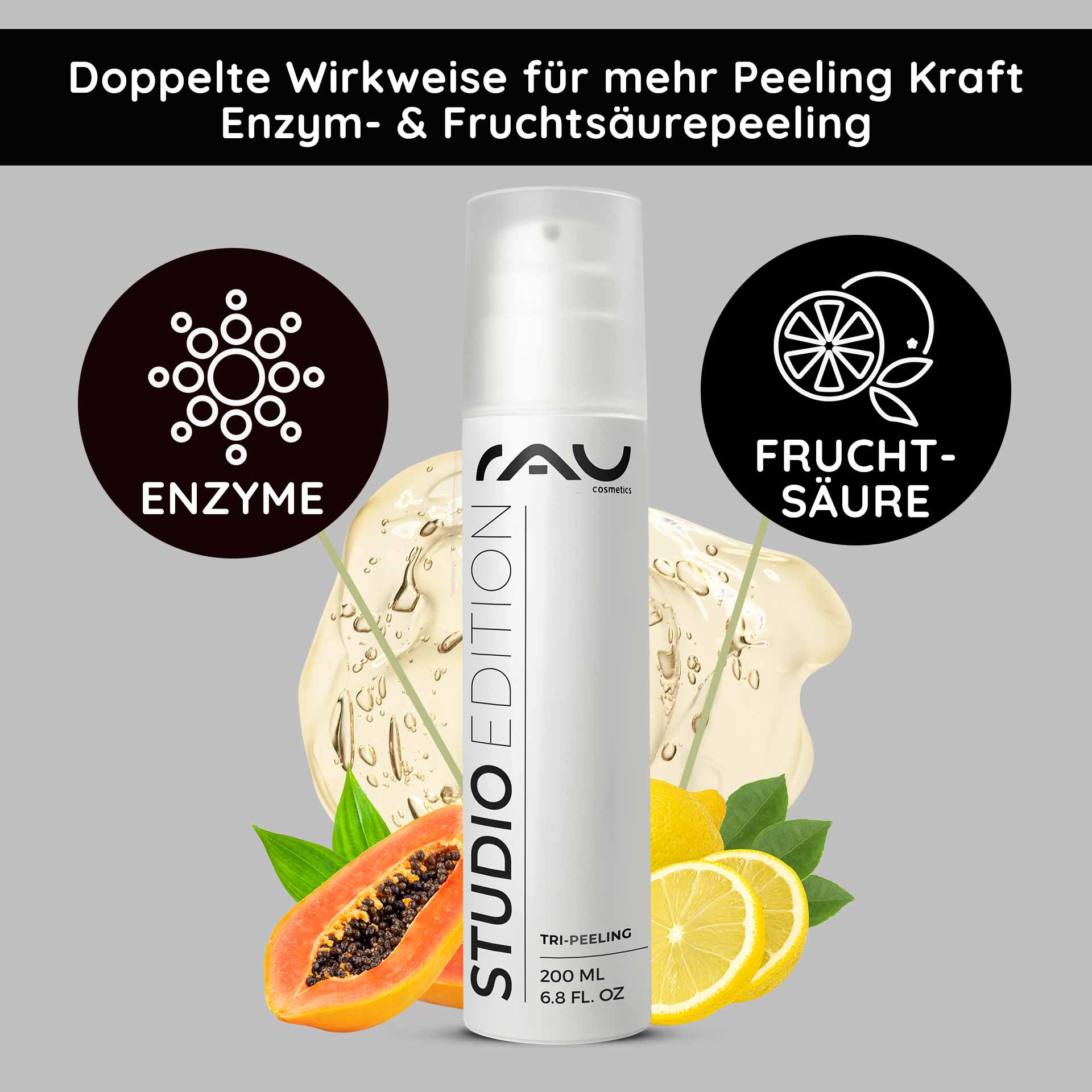 Tri-Peeling 200 ml Enzyme & fruit acid peeling Flasche Tri-Peeling von RAU Cosmetics, 200 ml, mit Abbildung von Enzymen und Fruchtsäuren, umgeben von Papaya- und Zitrusfrüchten, auf grauem Hintergrund, betont die multifunktionale Wirkung und Hautpflegeeigenschaften.