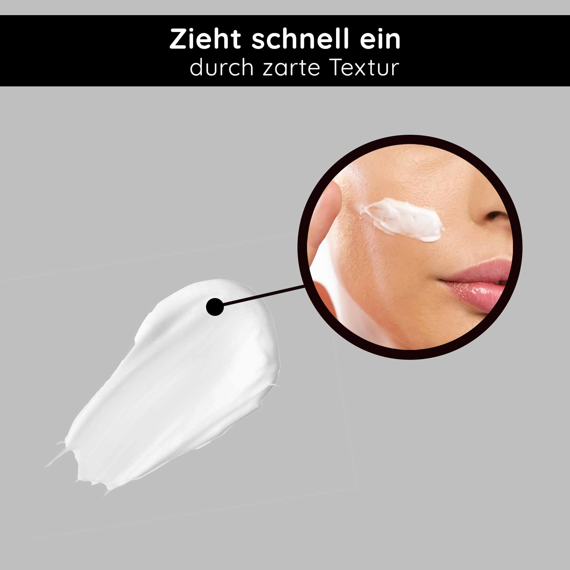 Orient's Secret 50 ml with Amethyst Powder Gesichtspflegecreme mit zarter Textur, die schnell einzieht, abgebildet auf grauem Hintergrund, mit Nahaufnahme auf Haut, die Creme aufträgt.