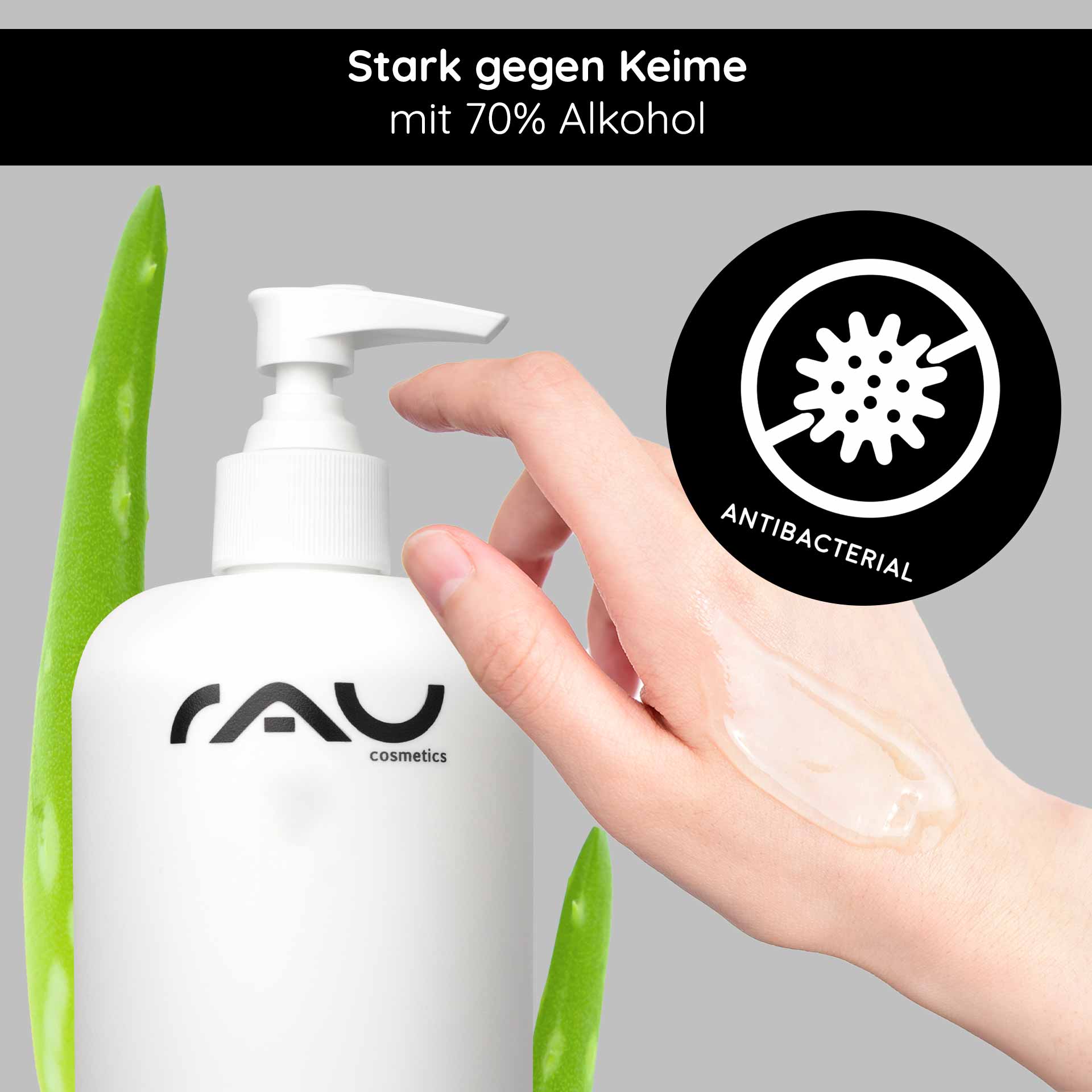 Hand Care Cleansing Gel 500 ml Disinfection & Care RAU Hand Care Reinigungsgel mit 70 % Alkohol, Aloe Vera und einer Hand, die das Gel aufträgt, wobei die antibakteriellen Eigenschaften und die Hautpflege im Vordergrund stehen.