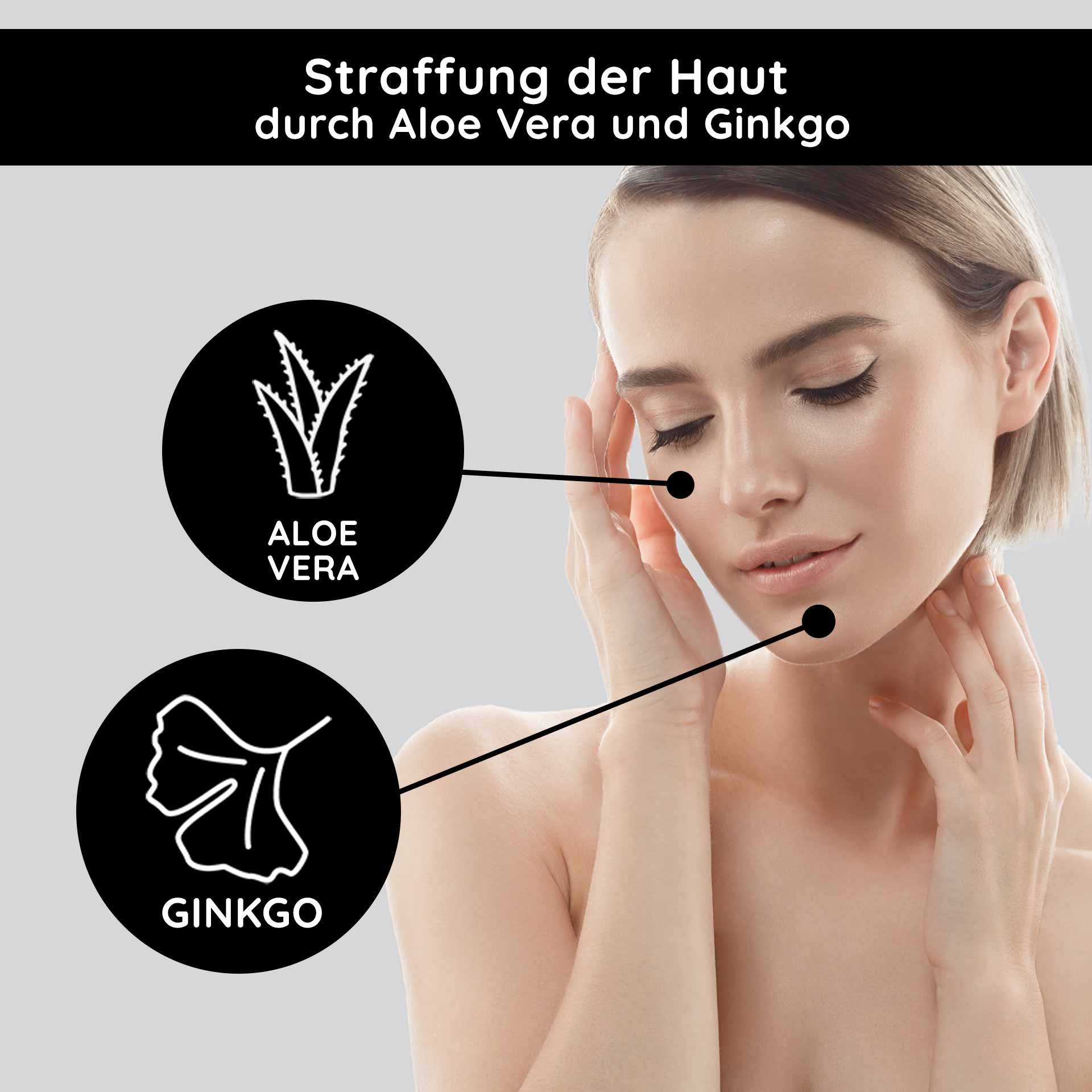 Woman with smooth skin and a gentle facial expression, surrounded by symbols for aloe vera and ginkgo, highlighting the firming properties of RAU Cosmetics O2 Rich Cream.