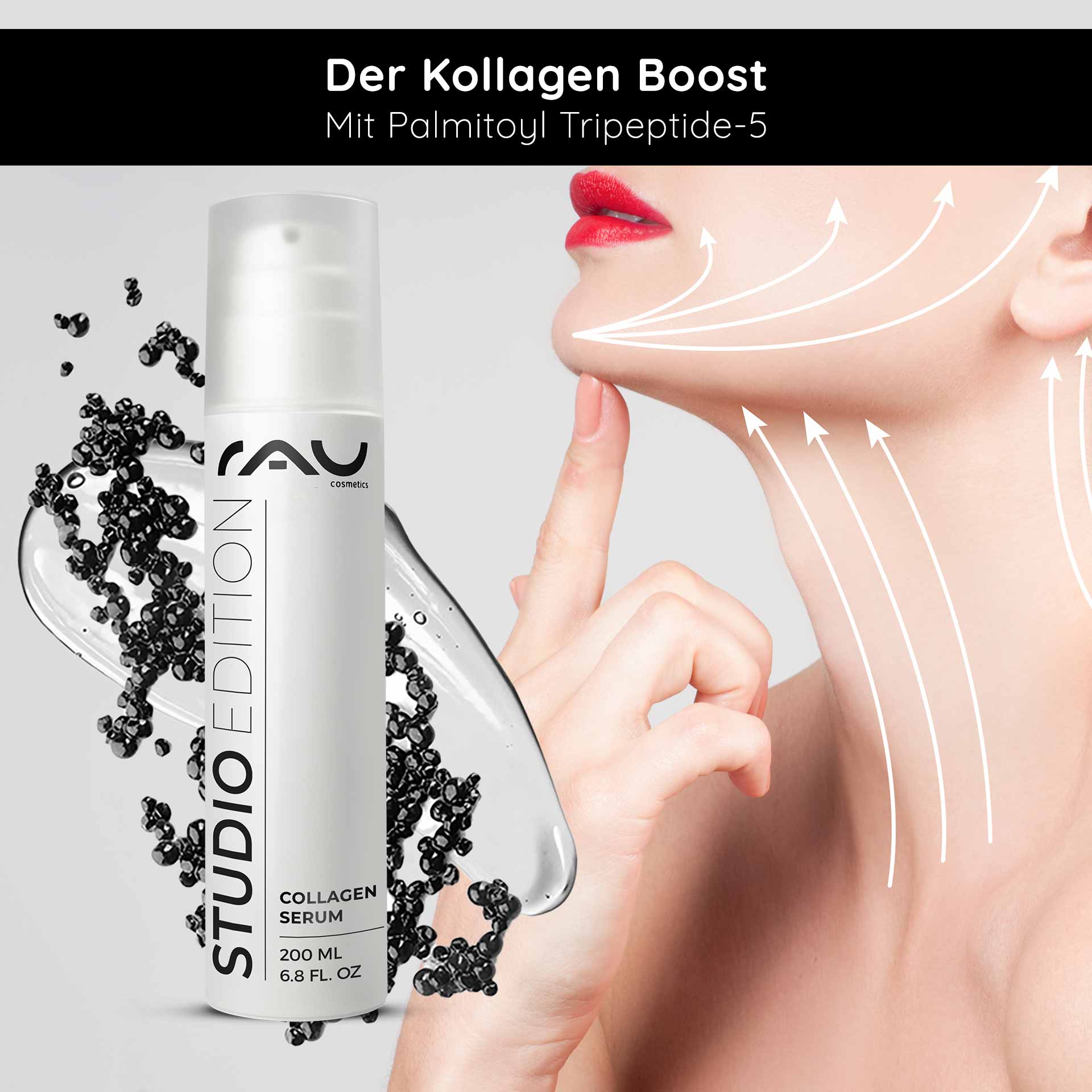 Caviar 24h Cream 200 ml Skin Care with Caviar Extract RAU Cosmetics Collagen Serum in einer eleganten Flasche mit Kaviarextrakt, das die Anti-Aging-Wirkung hervorhebt, wird mit Pfeilen auf die Haut aufgetragen, die den Lifting-Effekt anzeigen.