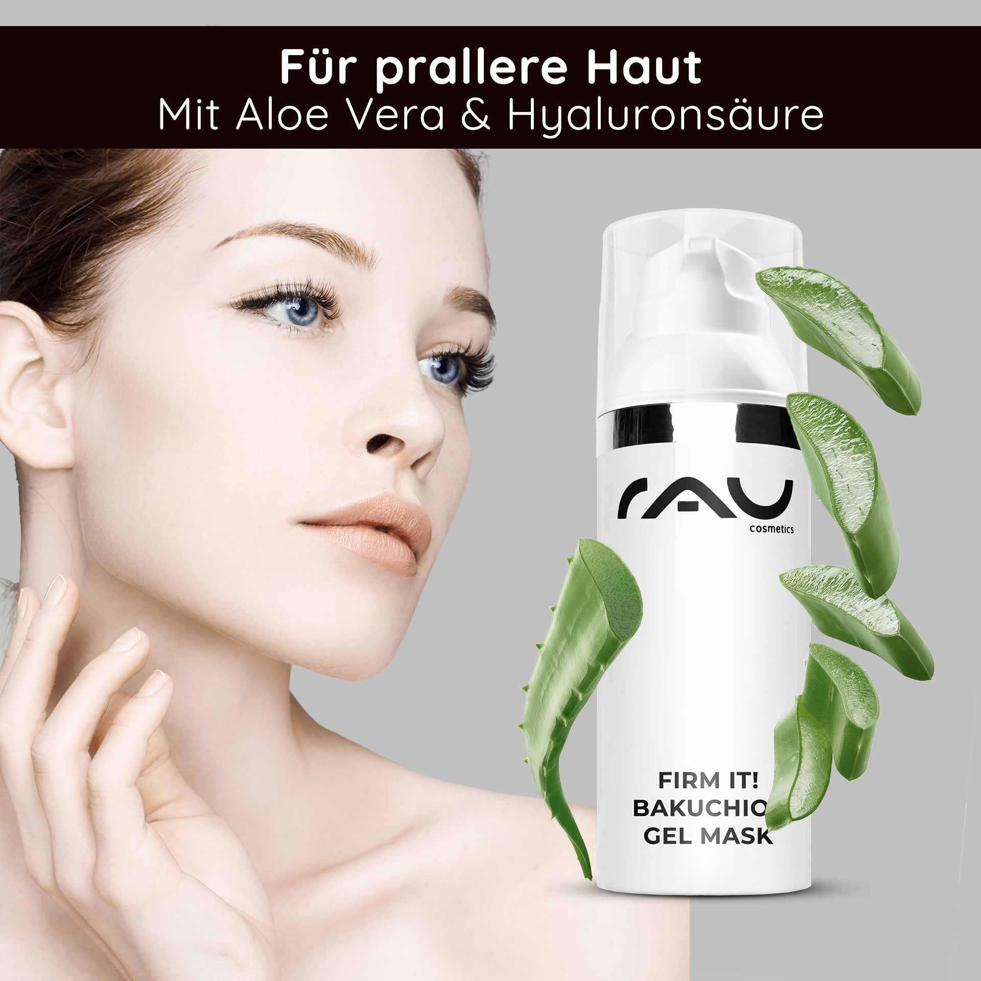 Woman with radiant skin and RAU Cosmetics Firm it! Bakuchiol Gel Mask, surrounded by aloe vera leaves, for plumper skin, with aloe vera and hyaluronic acid.
