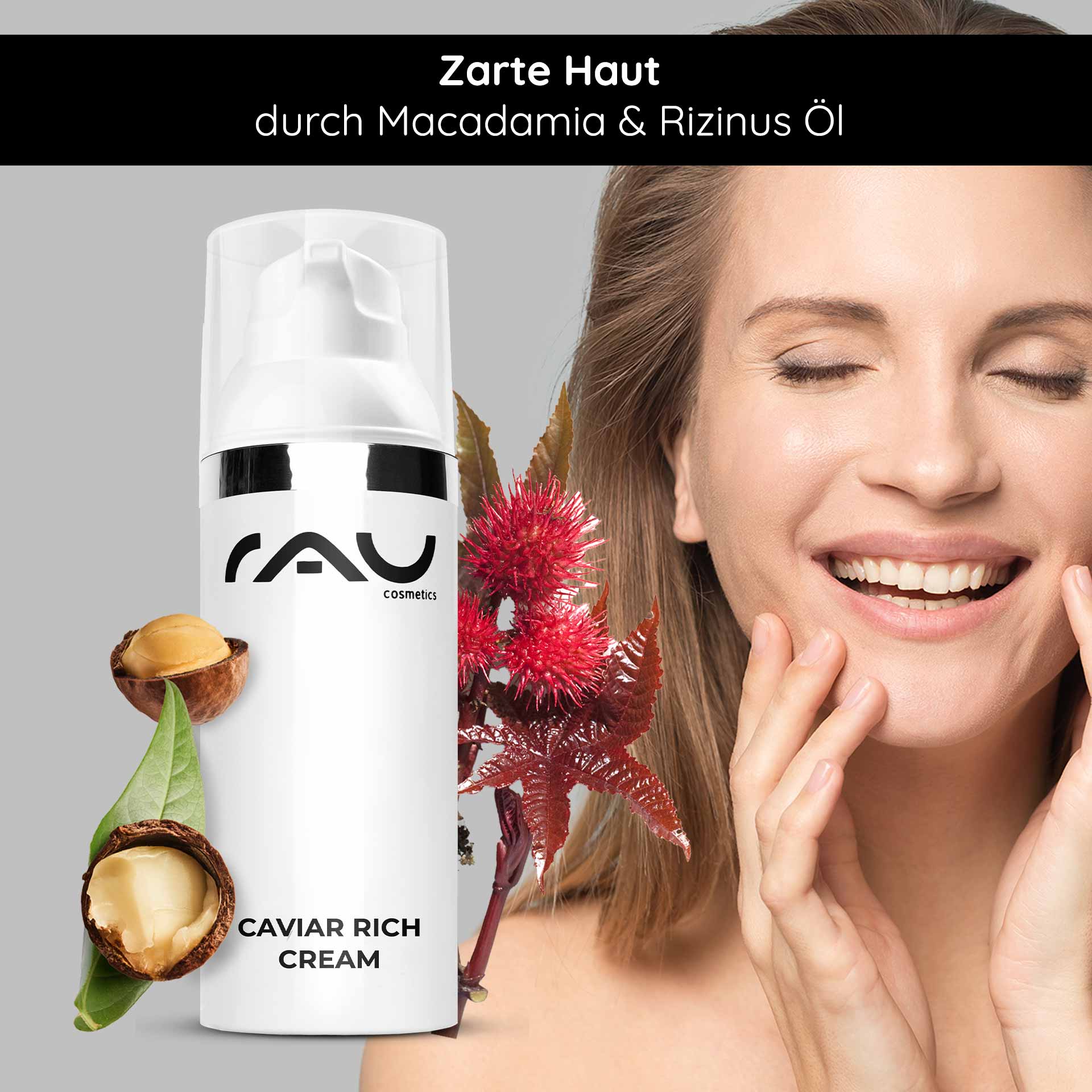 Caviar Rich Cream 50 ml Rich anti-age cream Flasche Caviar Rich Cream mit Macadamia- und Rizinusöl, lächelnde Frau, die ihr Gesicht berührt, um die Vorteile weicher Haut zu fördern.