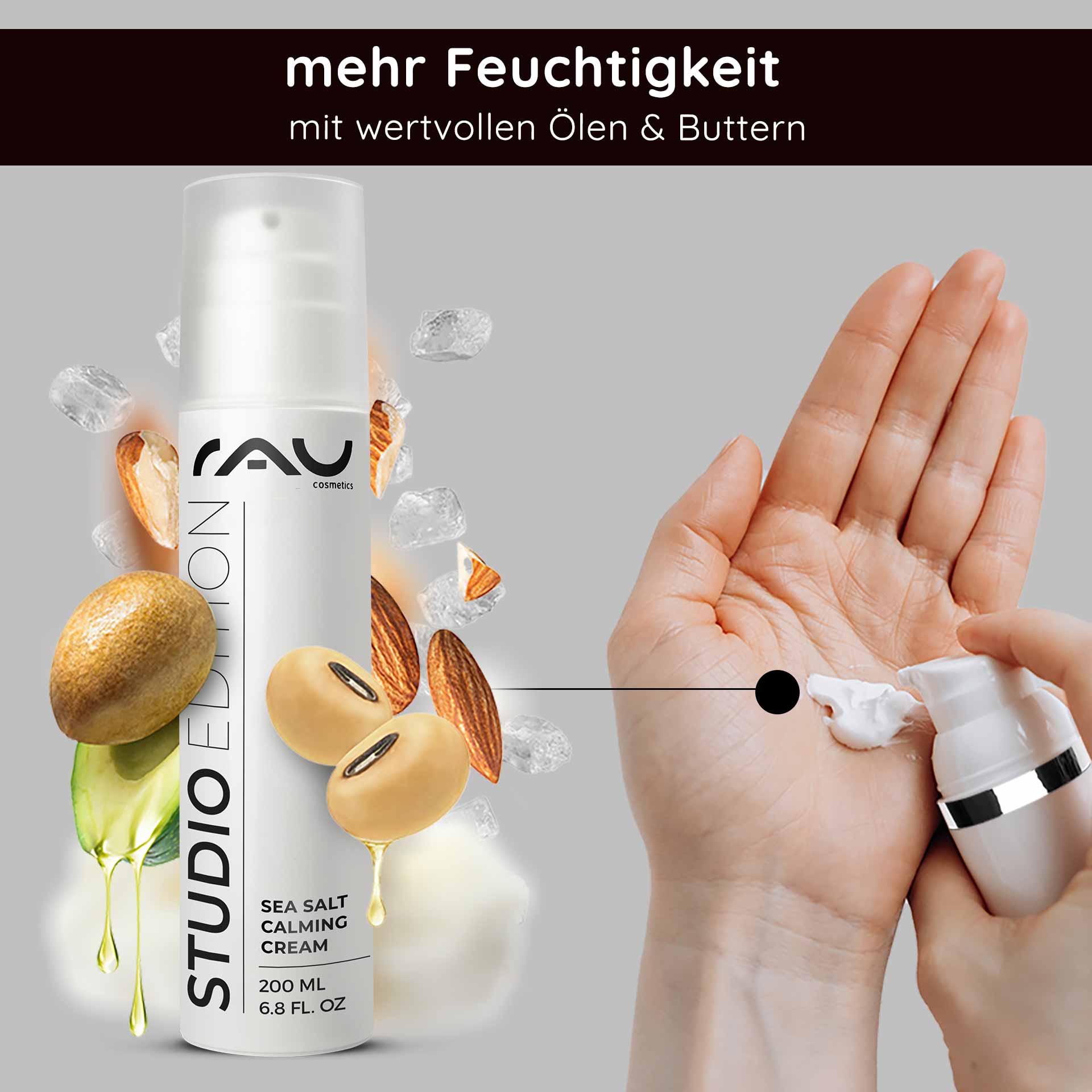 Sea Salt Calming Cream 200 ml with sea salt and PHA Flasche der RAU Sea Salt Calming Cream mit Kamillenblüten, Meersalz und grünen Blättern, die die beruhigenden und feuchtigkeitsspendenden Eigenschaften für empfindliche Haut betont.