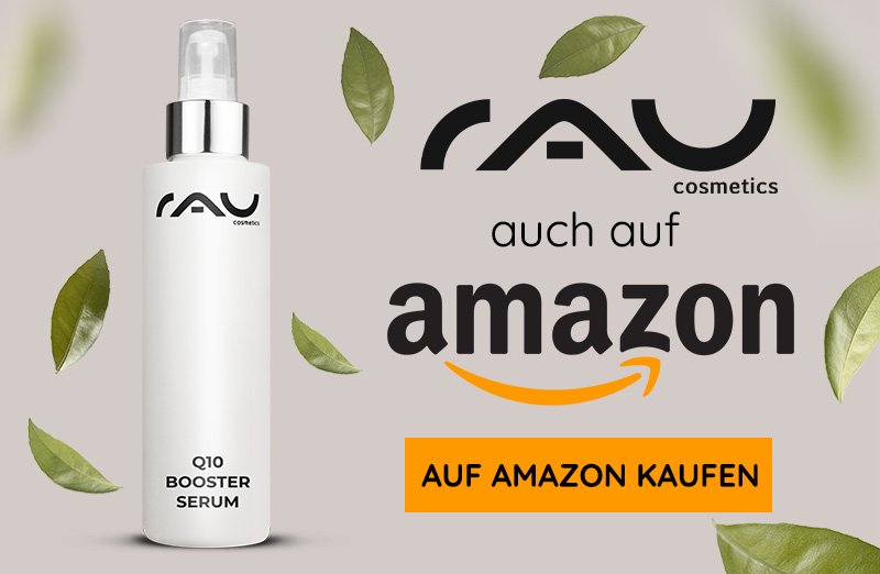 RAU Cosmetics Q10 Booster Serum in einer weißen Sprühflasche, mit Amazon-Kaufoptionen und minimalistischem Design.