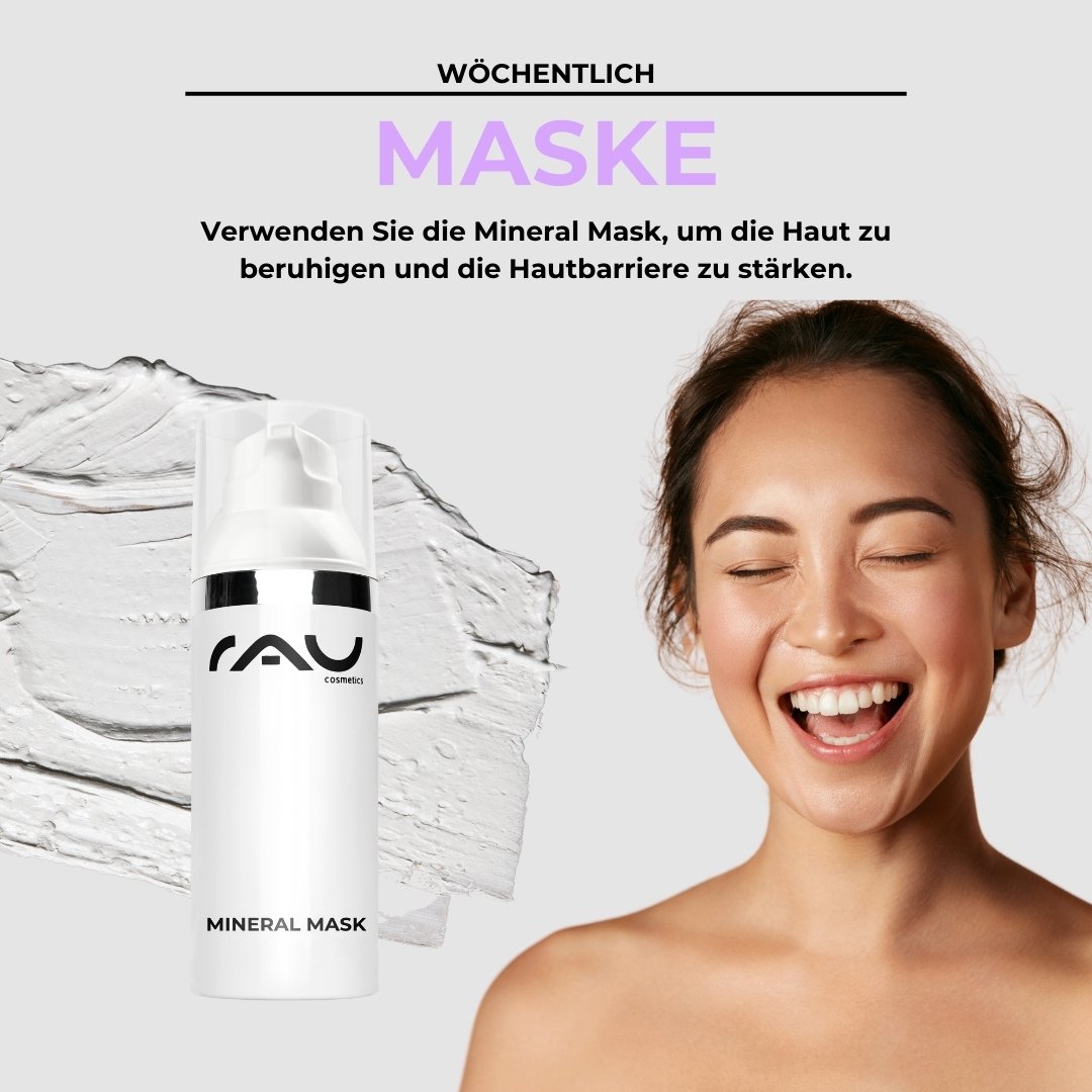 Mineralmaske von RAU Cosmetics mit einer lächelnden Frau, die gesunde Haut präsentiert und die wohltuende Wirkung bei der Behandlung von Neurodermitis betont.