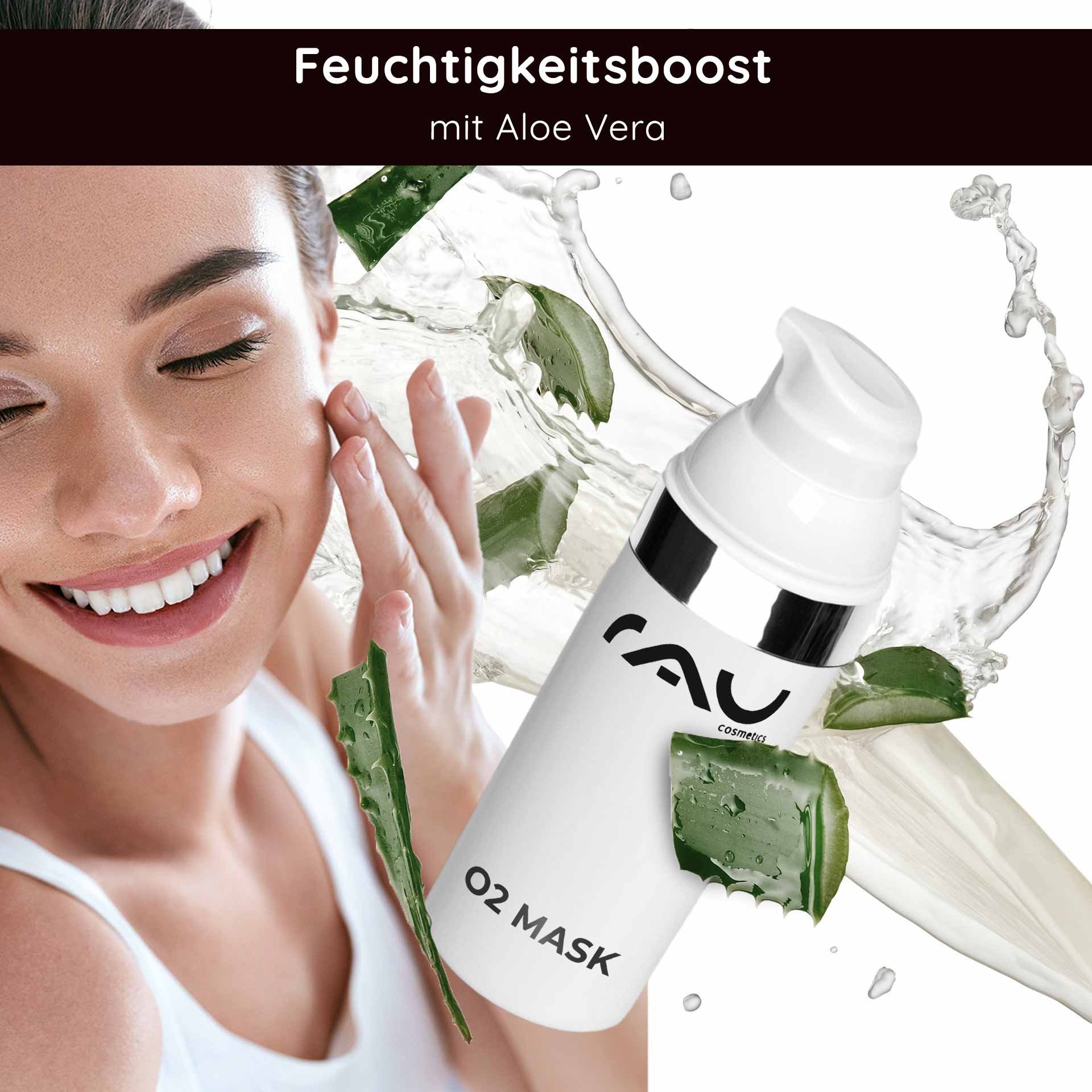 Woman presenting the O2 mask next to the product packaging.