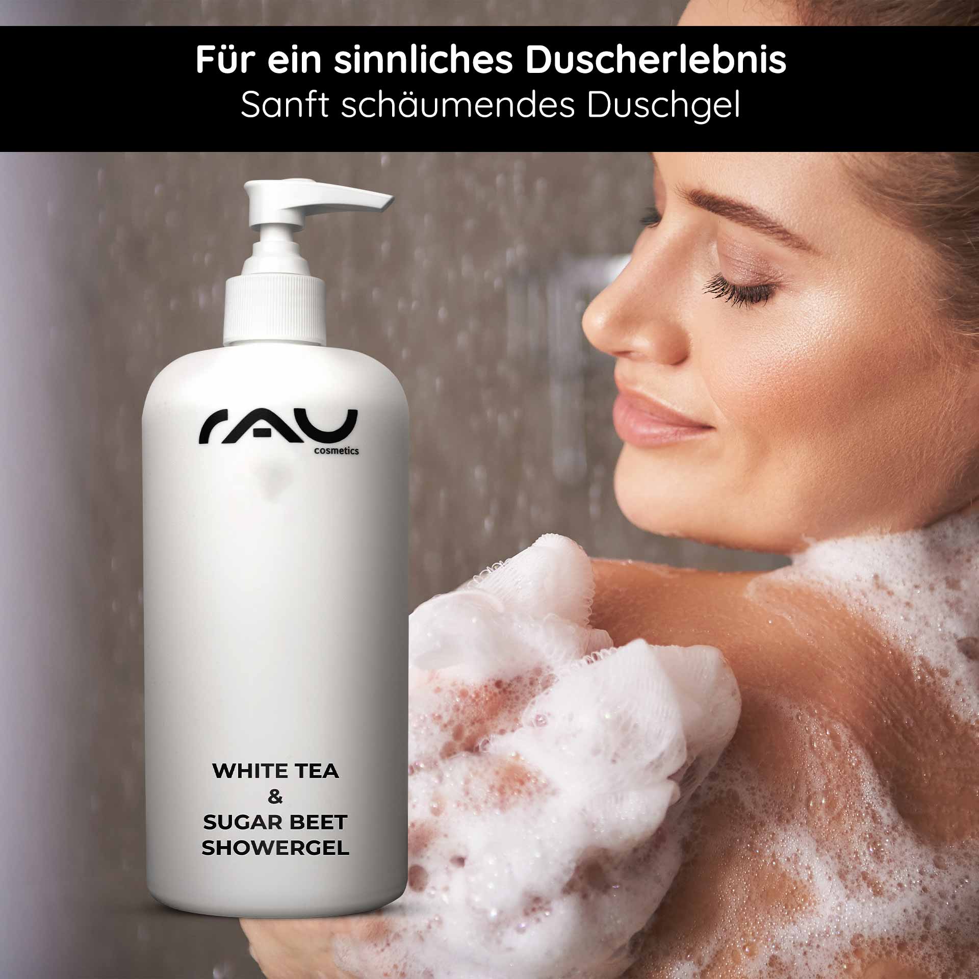 White Tea & Sugar Beet Shower Gel 500 ml Shower Gel Flasche von RAU Cosmetics mit White Tea & Sugar Beet Showergel, sanft schäumendes Duschgel, Anwendung auf der Haut, angenehmer Duft, für ein sinnliches Duscherlebnis.