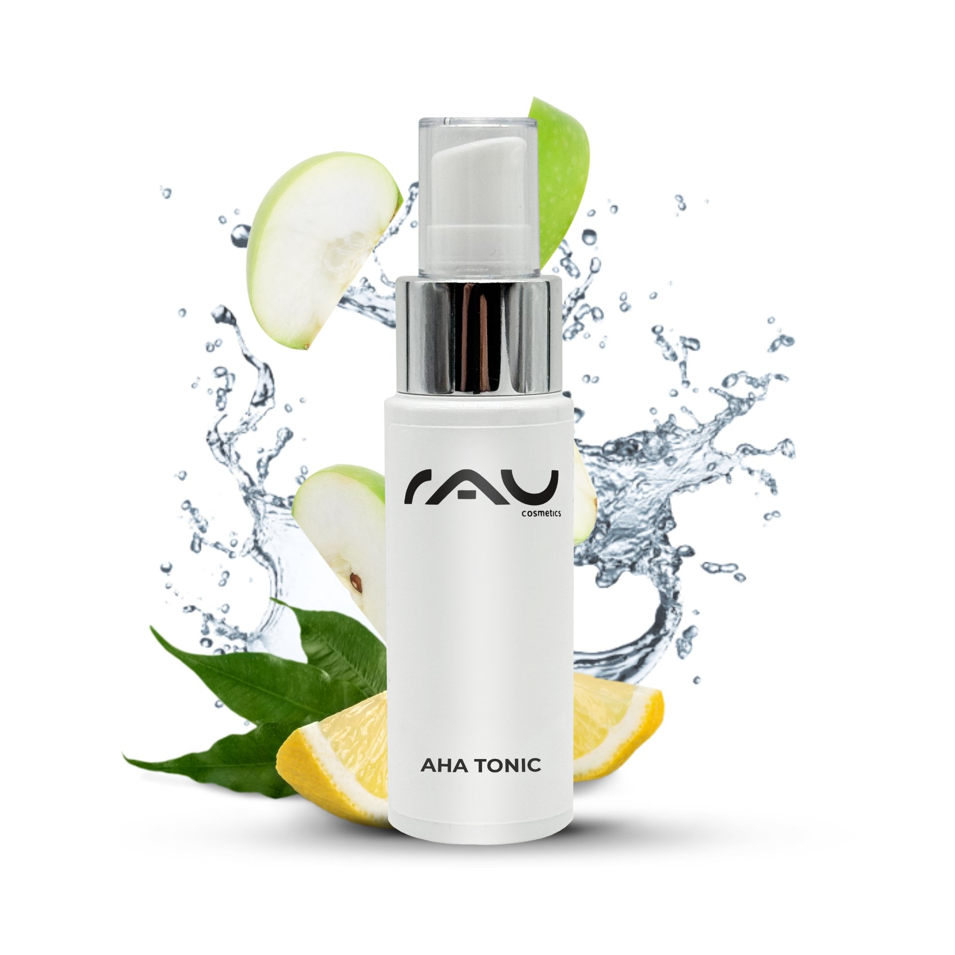 50ml travel bottle RAU Cosmetics AHA Tonic with green label.