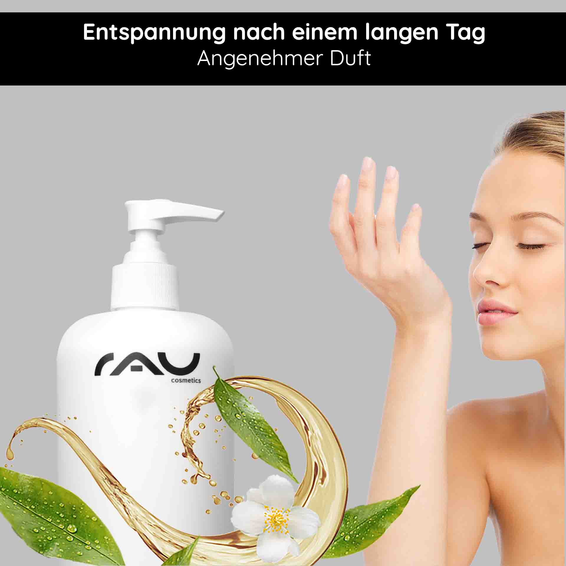 White Tea & Caffeine Hair Shampoo 500 ml  RAU Cosmetics White Tea & Caffeine Shampoo – 500 ml Flasche mit Pumpverschluss, umgeben von weißen Blüten und grünen Blättern, die Frische und Pflege symbolisieren.