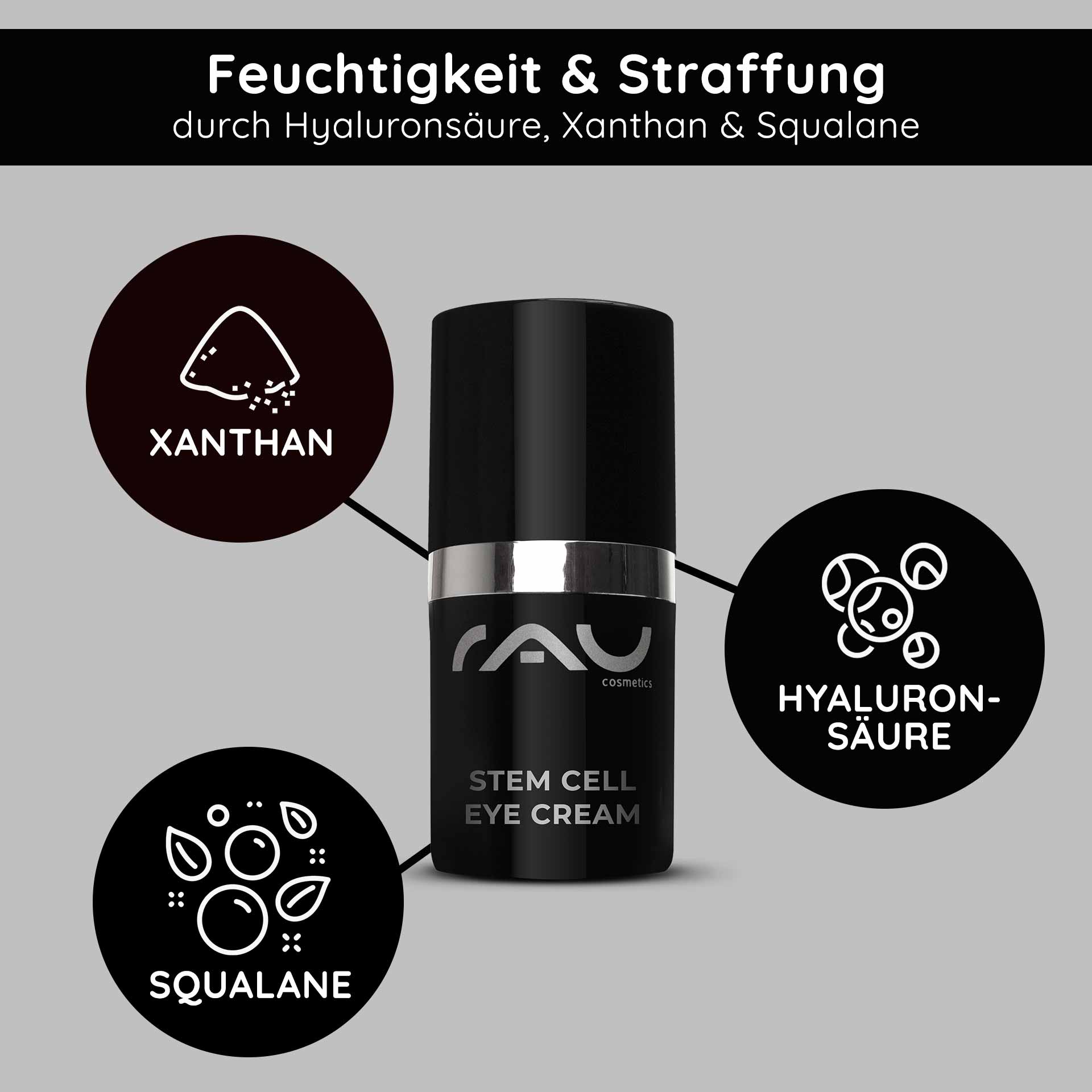 Stem Cell Eye Cream 15 ml Anti Aging Eye Cream RAU Cosmetics Stem Cell Eye Cream – luxuriöse Augencreme mit pflanzlichen Stammzellen aus Traube, Alpenrose und Schweizer Apfel. Abbildung des Produkts in einem eleganten Tiegel mit silbernem Deckel.