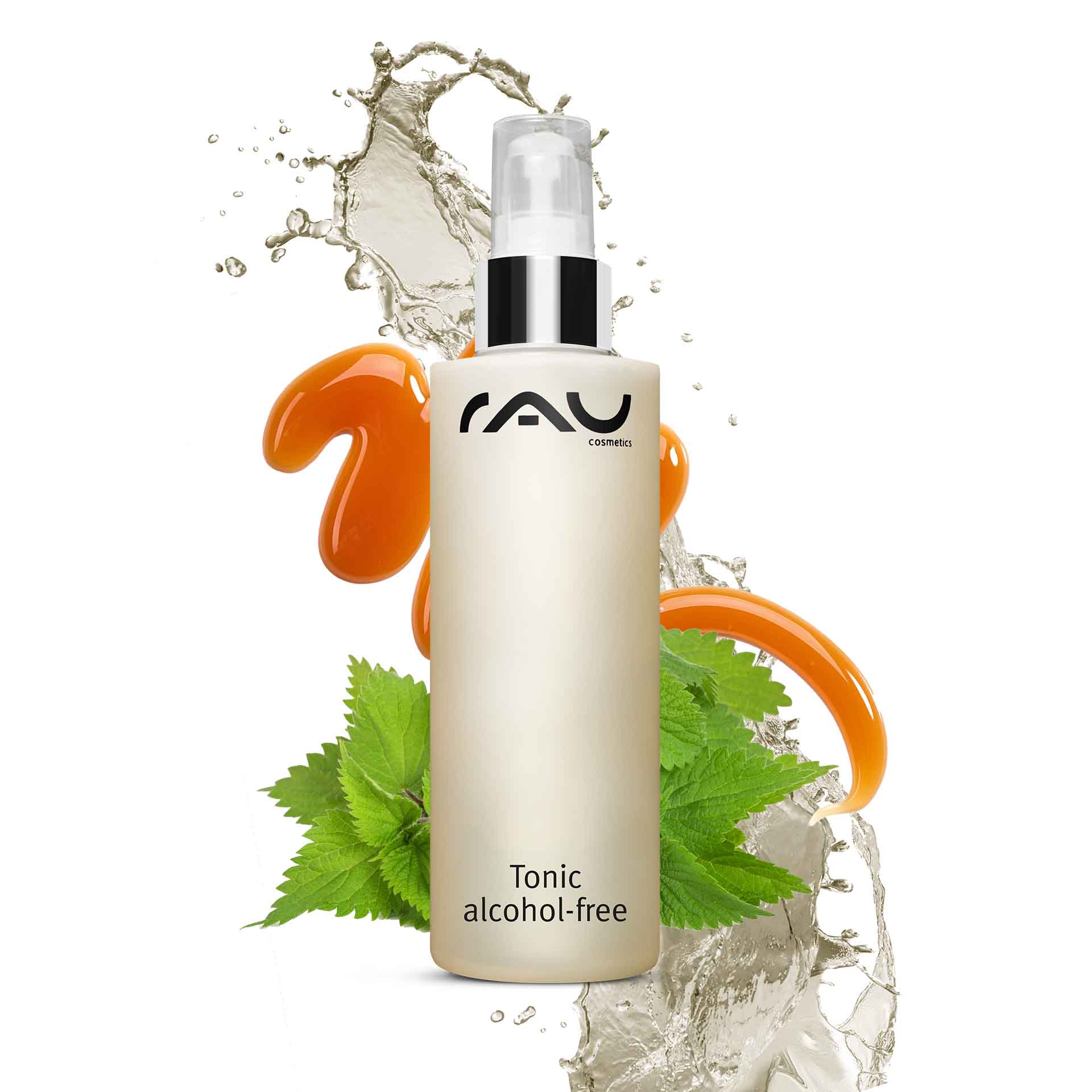 Tonic alcohol-free 200 ml with nettle extract Alkoholfreie Tonic-Flasche von RAU Cosmetics mit Brennnesselextrakt, umgeben von Wasserspritzern und grünen Blättern, betont die sanfte Gesichtspflege für empfindliche und trockene Haut.