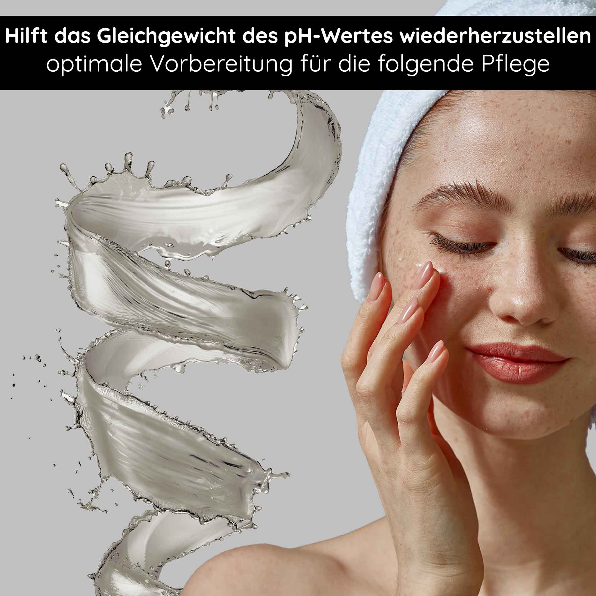 AHA Neutralizer 200 ml to neutralise the skin AHA-Neutralisator mit einer Frau, die ihn auf ihr Gesicht aufträgt. Er zeigt die Wiederherstellung des pH-Gleichgewichts und die Vorbereitung auf die Hautpflege, mit wirbelnder gelartiger Textur und Wasserspritzern.