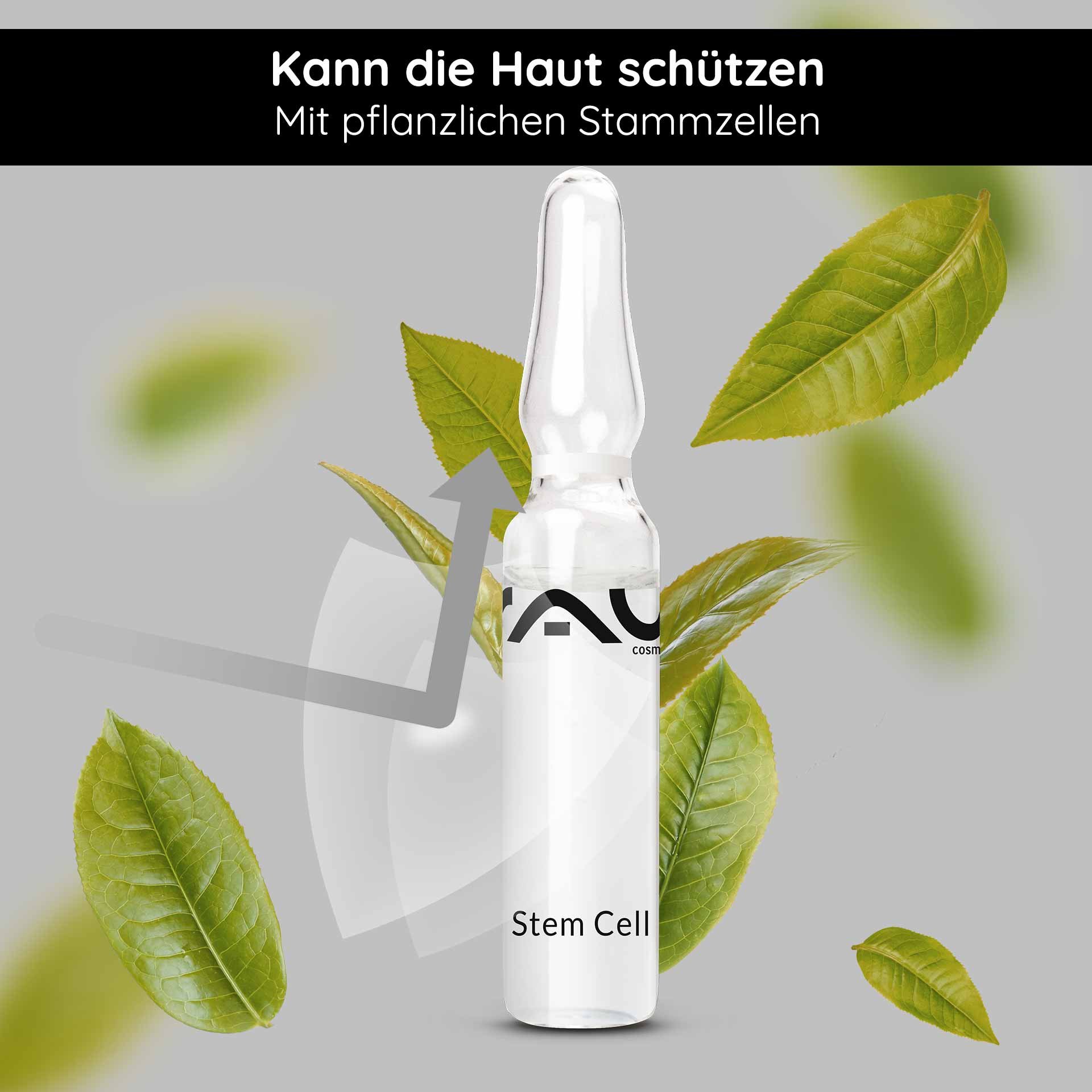 Ampoule by RAU Cosmetics labeled "Stem Cell", surrounded by green leaves, emphasizing plant stem cells for skin protection and care.
