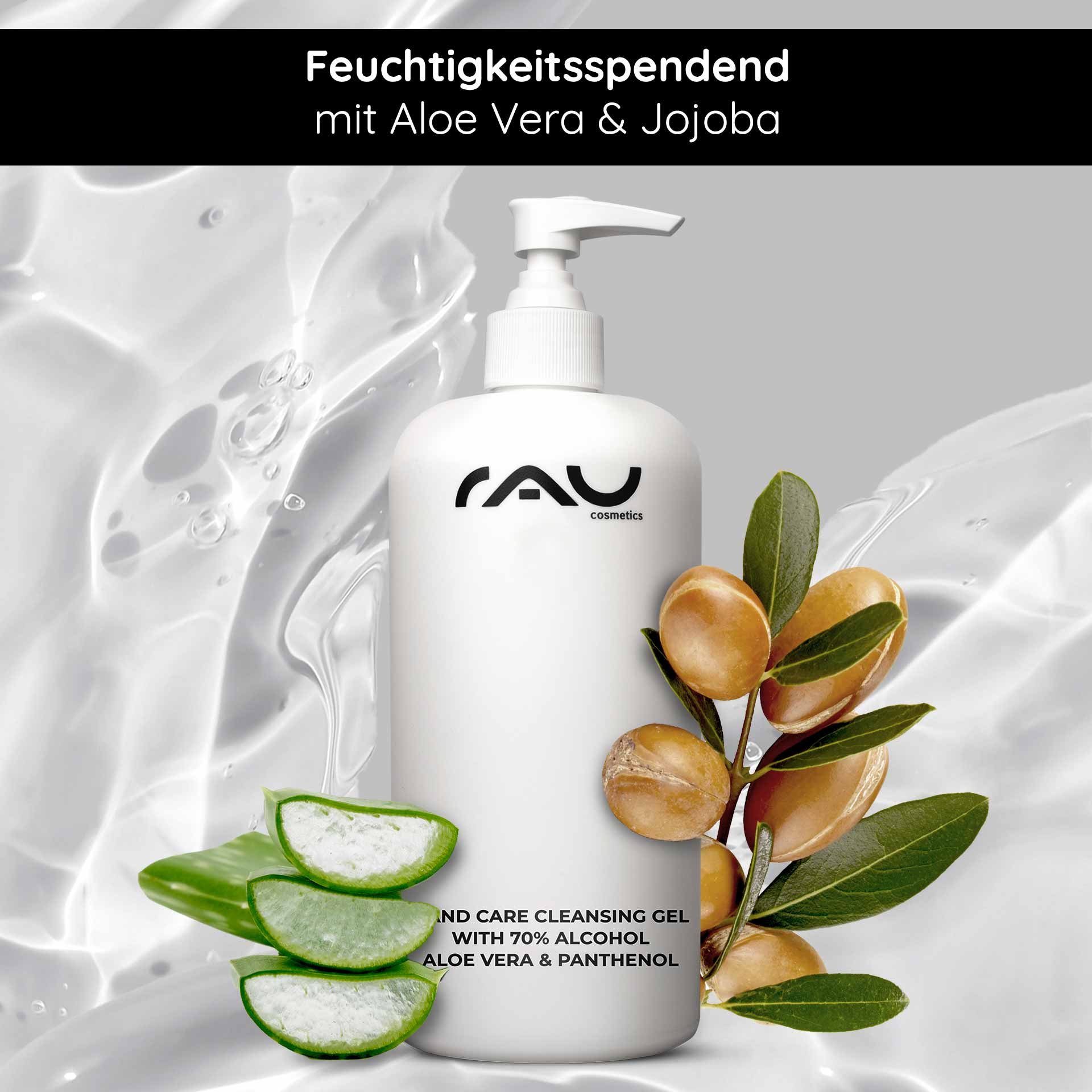 Pump bottle for RAU Cosmetics Hand Care Cleansing Gel with aloe vera and jojoba, surrounded by aloe slices and oil droplets, emphasizing moisturizing and disinfecting properties.