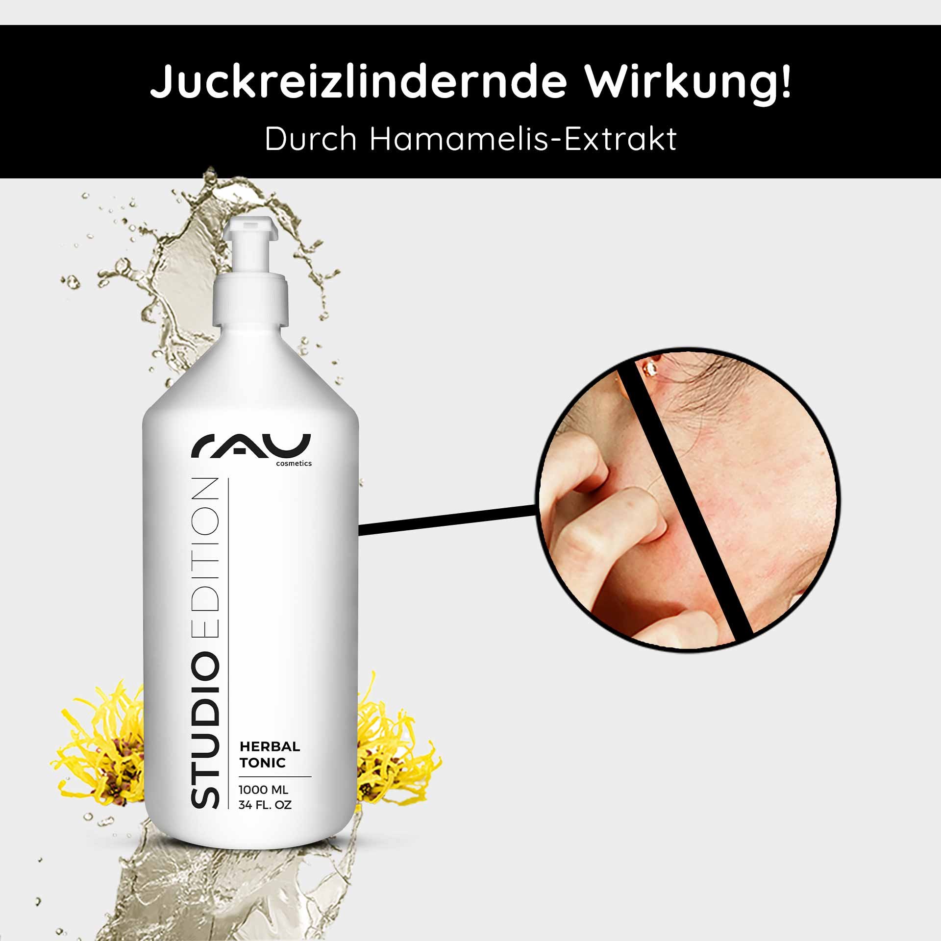A bottle of herbal tonic by RAU Cosmetics with witch hazel extract, which has a soothing effect on sensitive skin, and features an inset image of a hand gently touching irritated skin.