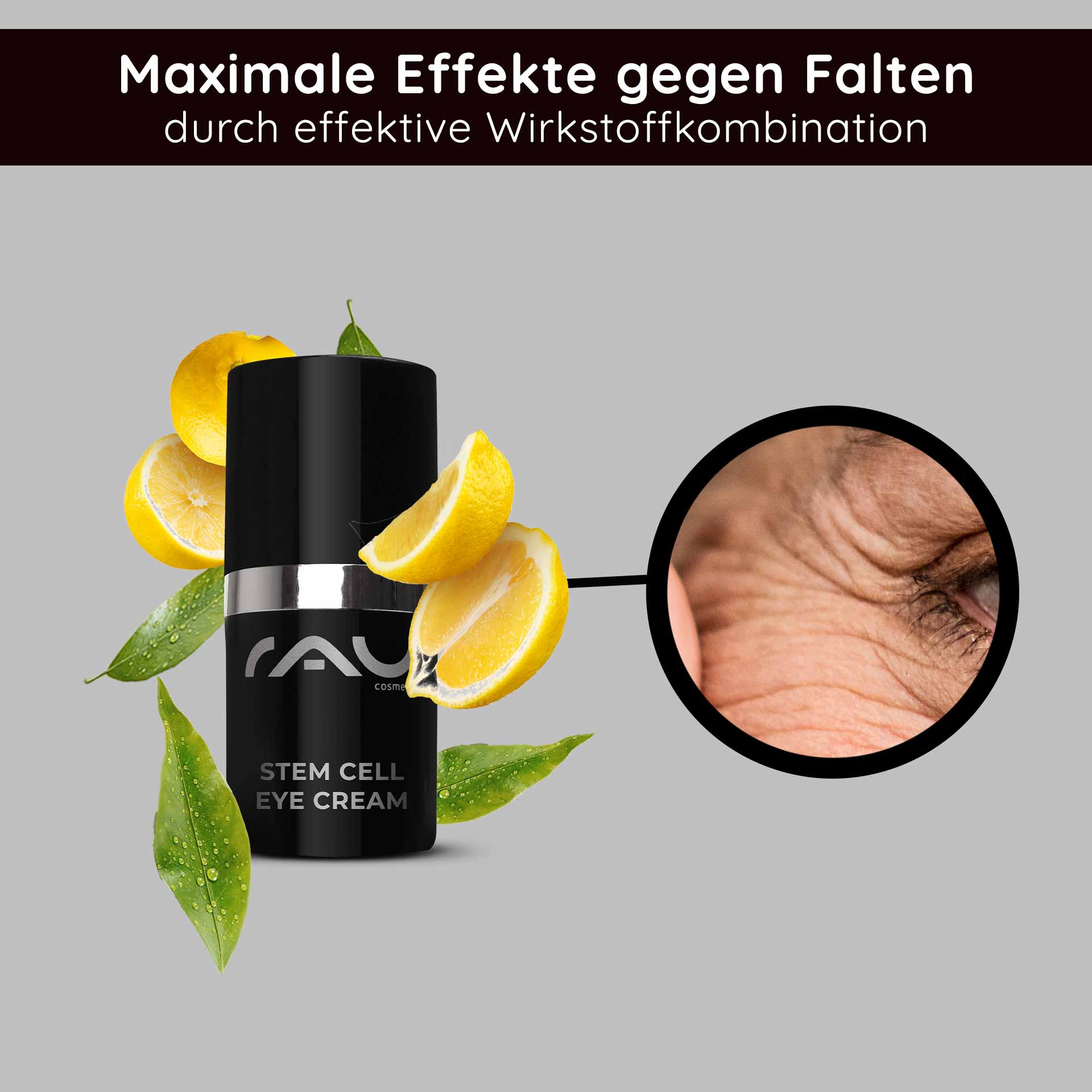 Stem Cell Eye Cream 15 ml Anti Aging Eye Cream RAU Cosmetics Stem Cell Eye Cream – luxuriöse Augencreme mit pflanzlichen Stammzellen aus Traube, Alpenrose und Schweizer Apfel. Abbildung des Produkts in einem eleganten Tiegel mit silbernem Deckel.